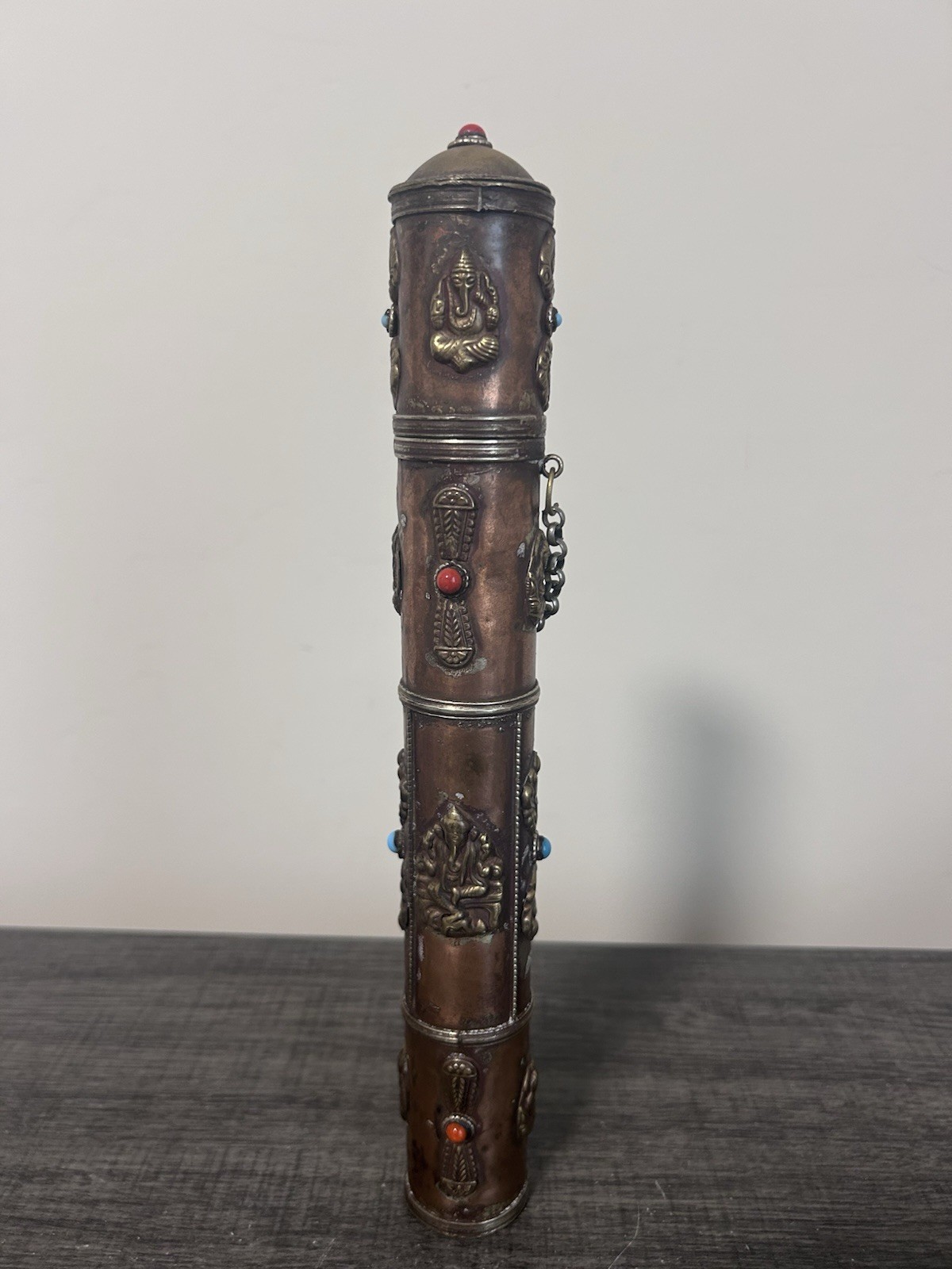 Tibet Copper Inlaid with Green Pine Stone Incense Cylinder -Collectible