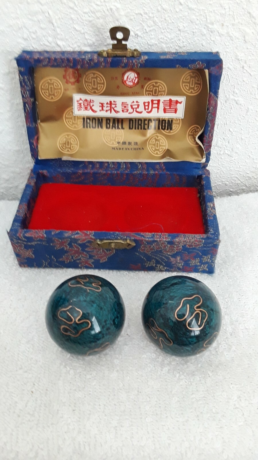 Vtg SHOU XING Boading Teddy Chime Iron Balls For Health Stress Relief Blue Box