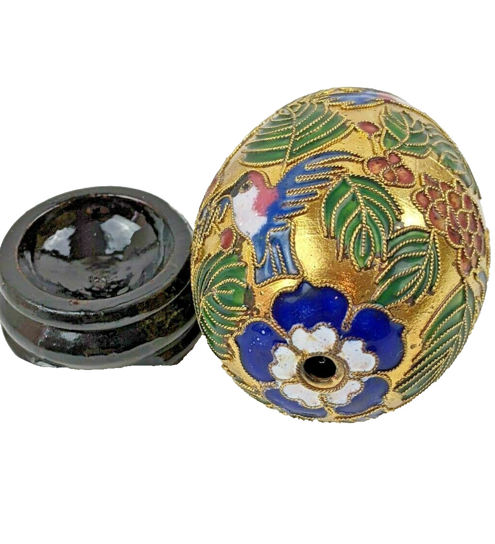 Large 4″ Enamel Egg Hummingbirds & Flowers Chinese Cloisonne Gold Metal Brass
