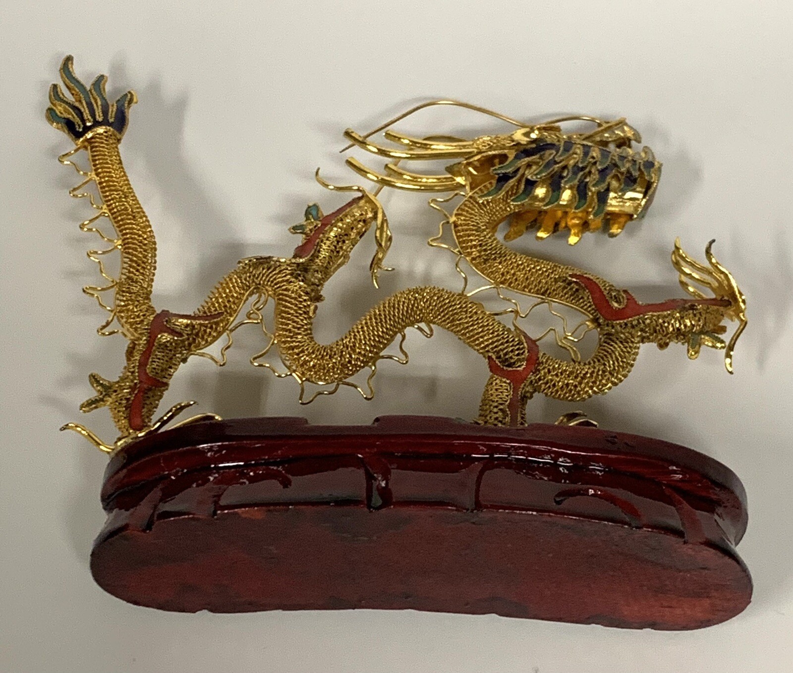 Chinese Brass Filigree Dragon Wooden Stand Gold Red Green Color 4.5”x 5”