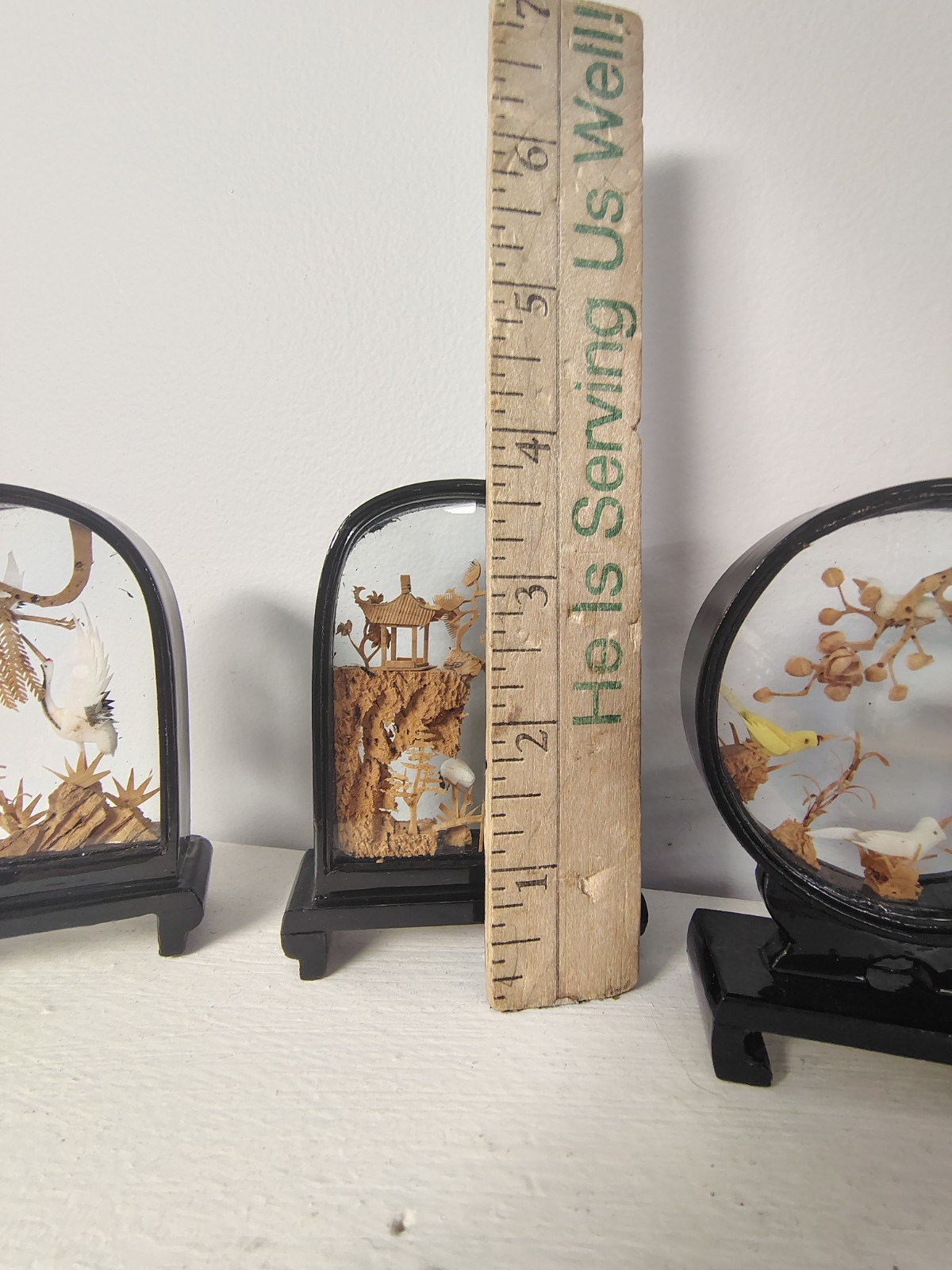 6 Vintage Chinese Cork Carving Art Dioramas 3.75″ H