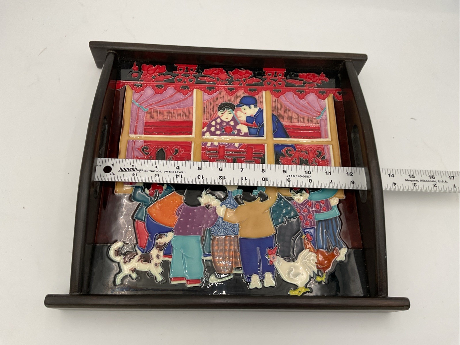 Decorative Serving Tray W/Ceramic Inlay Depicting Chinese Celebration