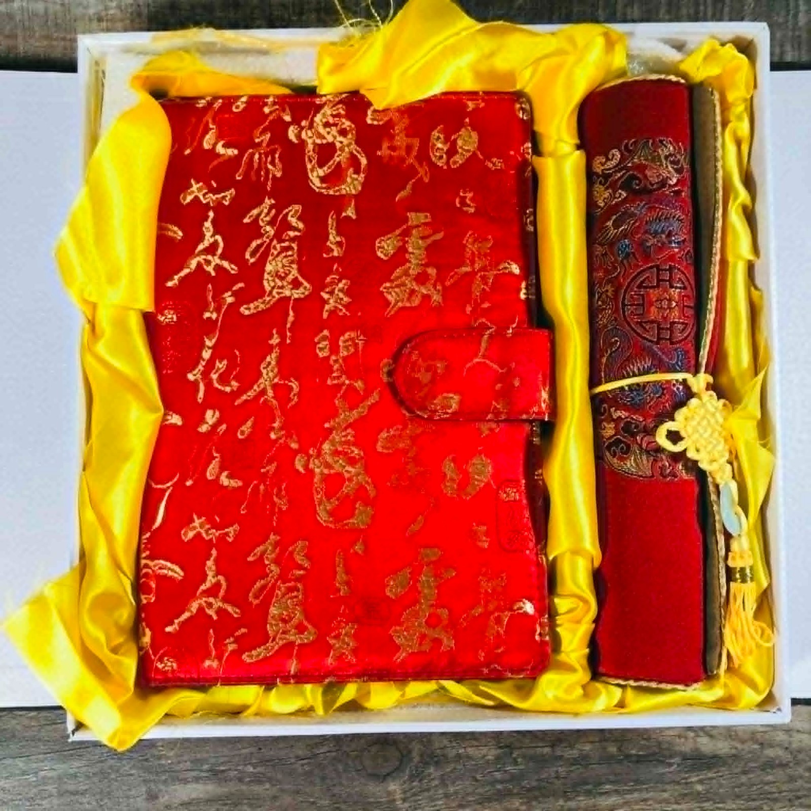 Traditional Chinese Silk Brocade Gift Set – Red Gold Notebook Mat Boxed Vtg