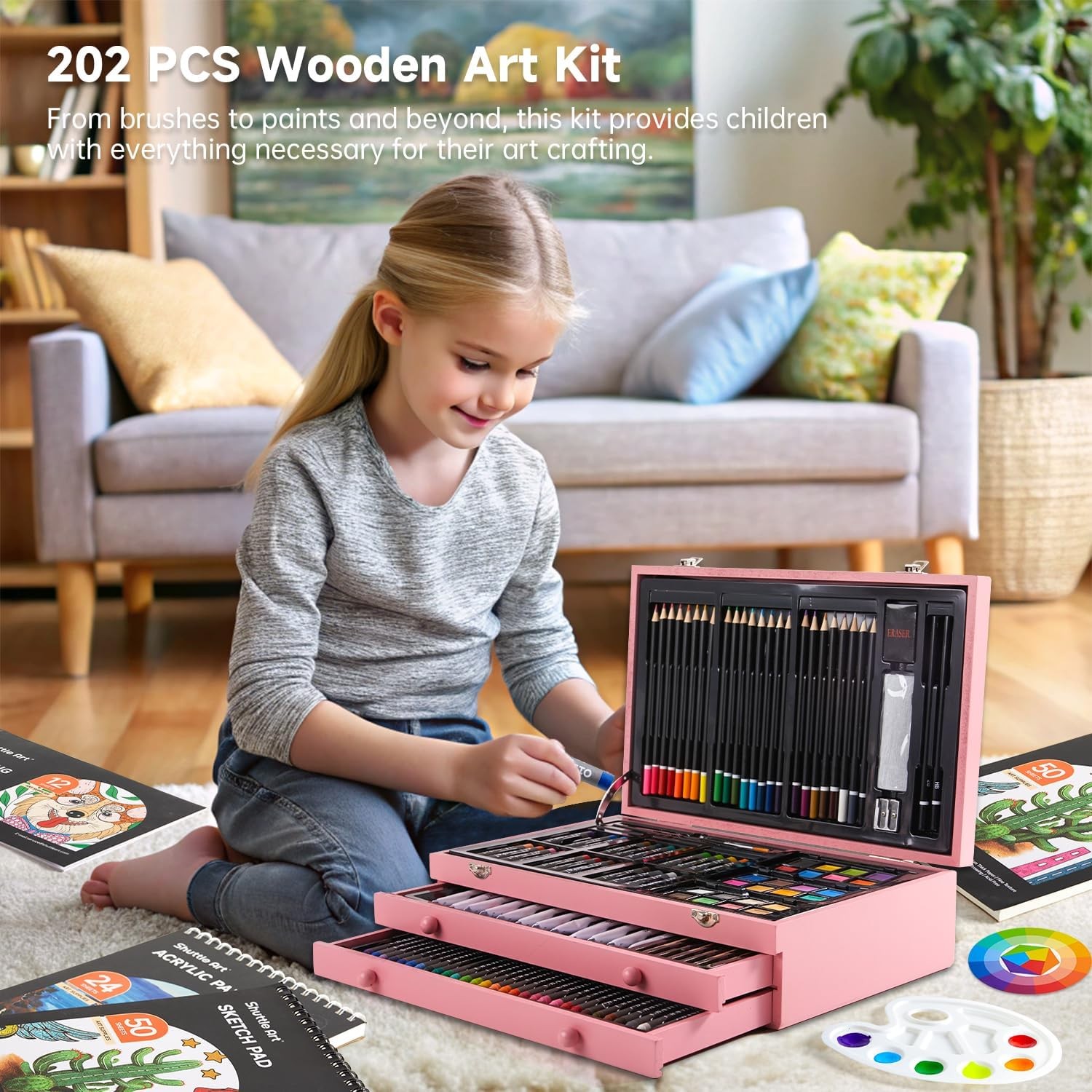 202 PCS Deluxe Art Kit with Wooden Case, Paints & Drawing Supplies