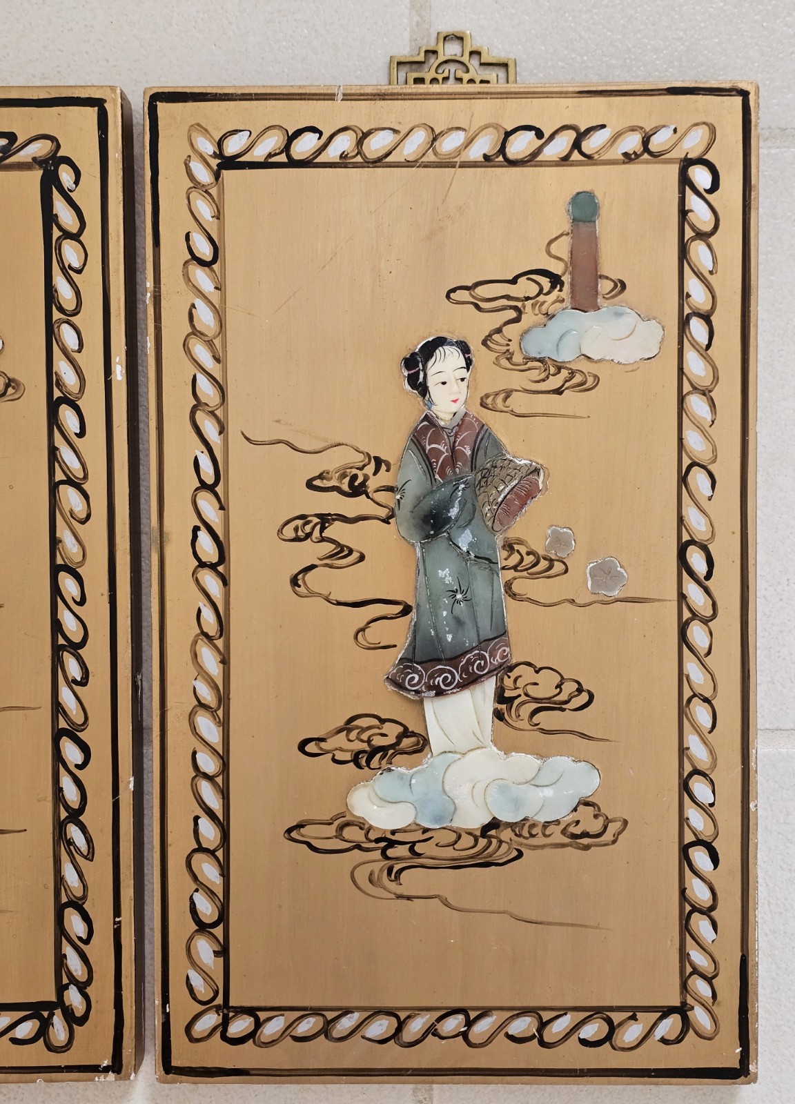 3 Painted Wood ASIAN ART PANELS Inlaid Stone 3D Geisha Figures Chinese VTG Decor