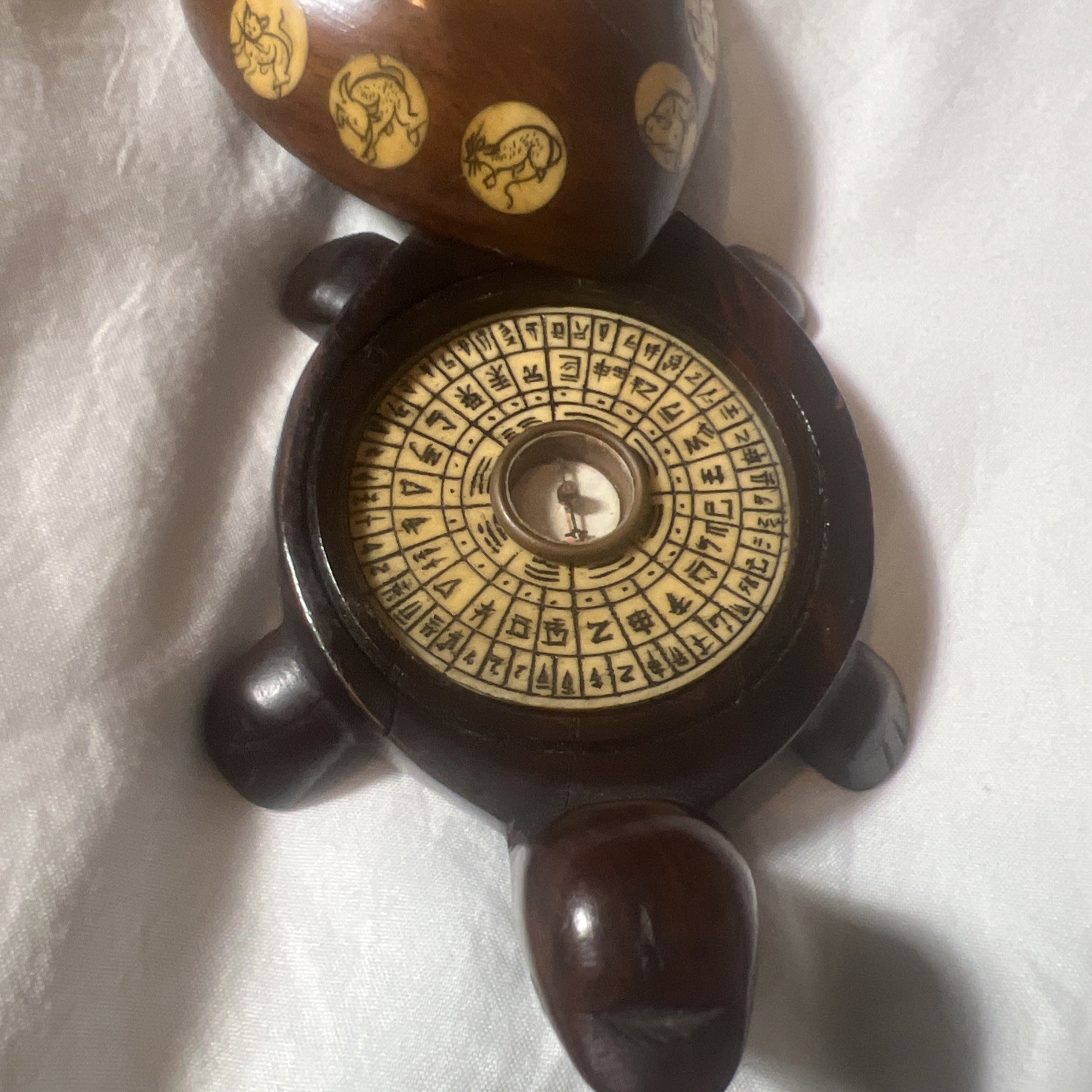 Vintage Carved Wood Turtle with Inlaid Chinese Zodiac Signs Opens to Compass