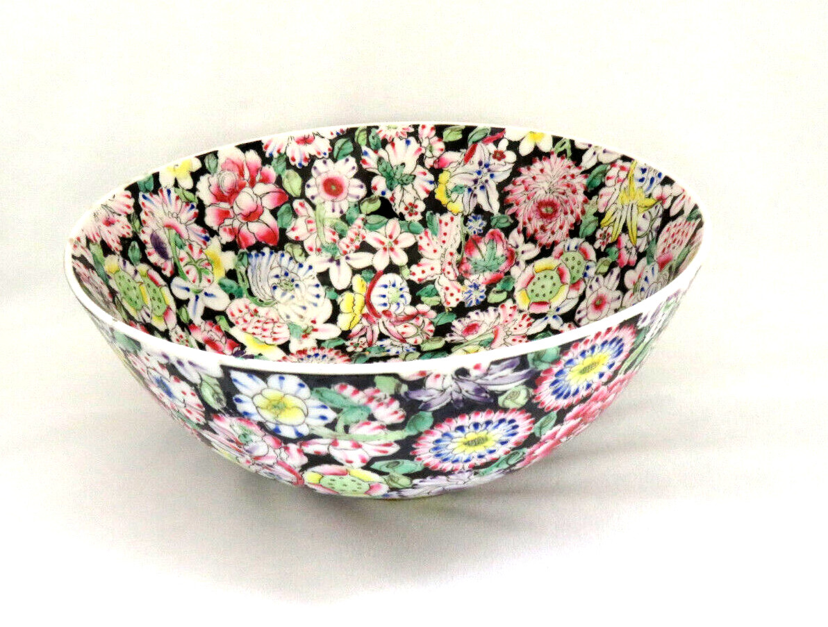 Famille Rose Mille Fleur Black Noire Thousand Flowers Centerpiece Bowl 10″ D