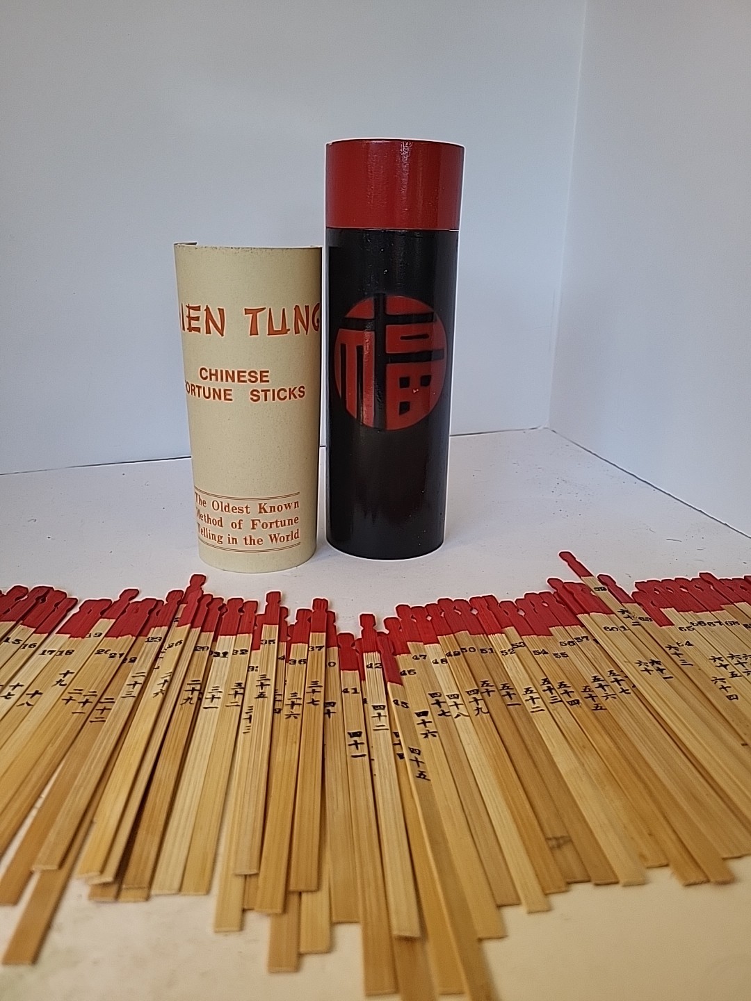 Vintage Chinese Chien Tung Fortune Telling Sticks Wooden Case with Instructions