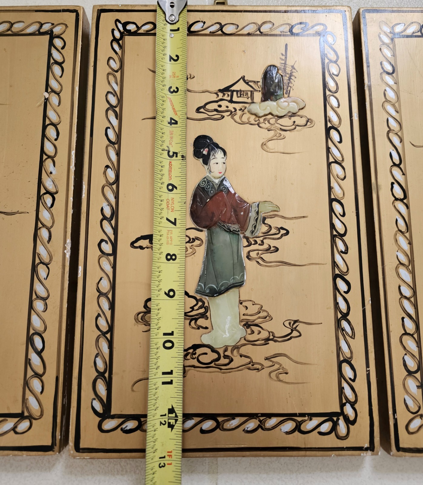 3 Painted Wood ASIAN ART PANELS Inlaid Stone 3D Geisha Figures Chinese VTG Decor
