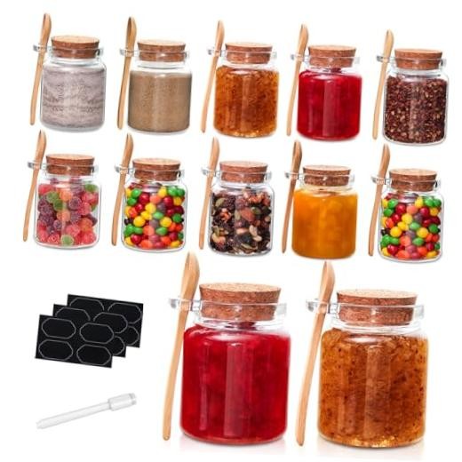 10oz Small Glass Storage Jars with Cork Lids and Spoons Yogurt Containers for