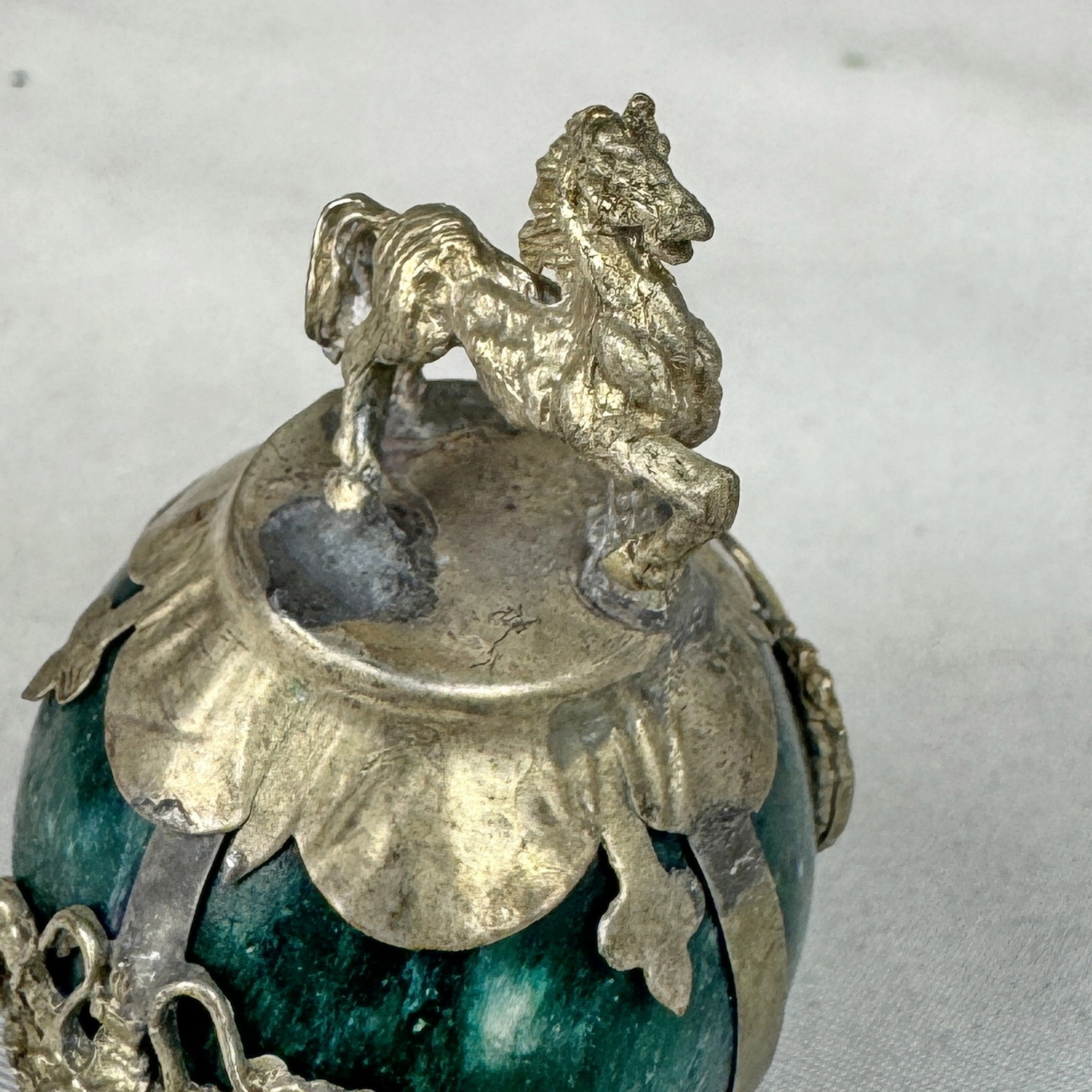 Vintage Chinese Zodiac HORSE Green Marble Orb, Pewter/Tin Finial, Dragon Motif