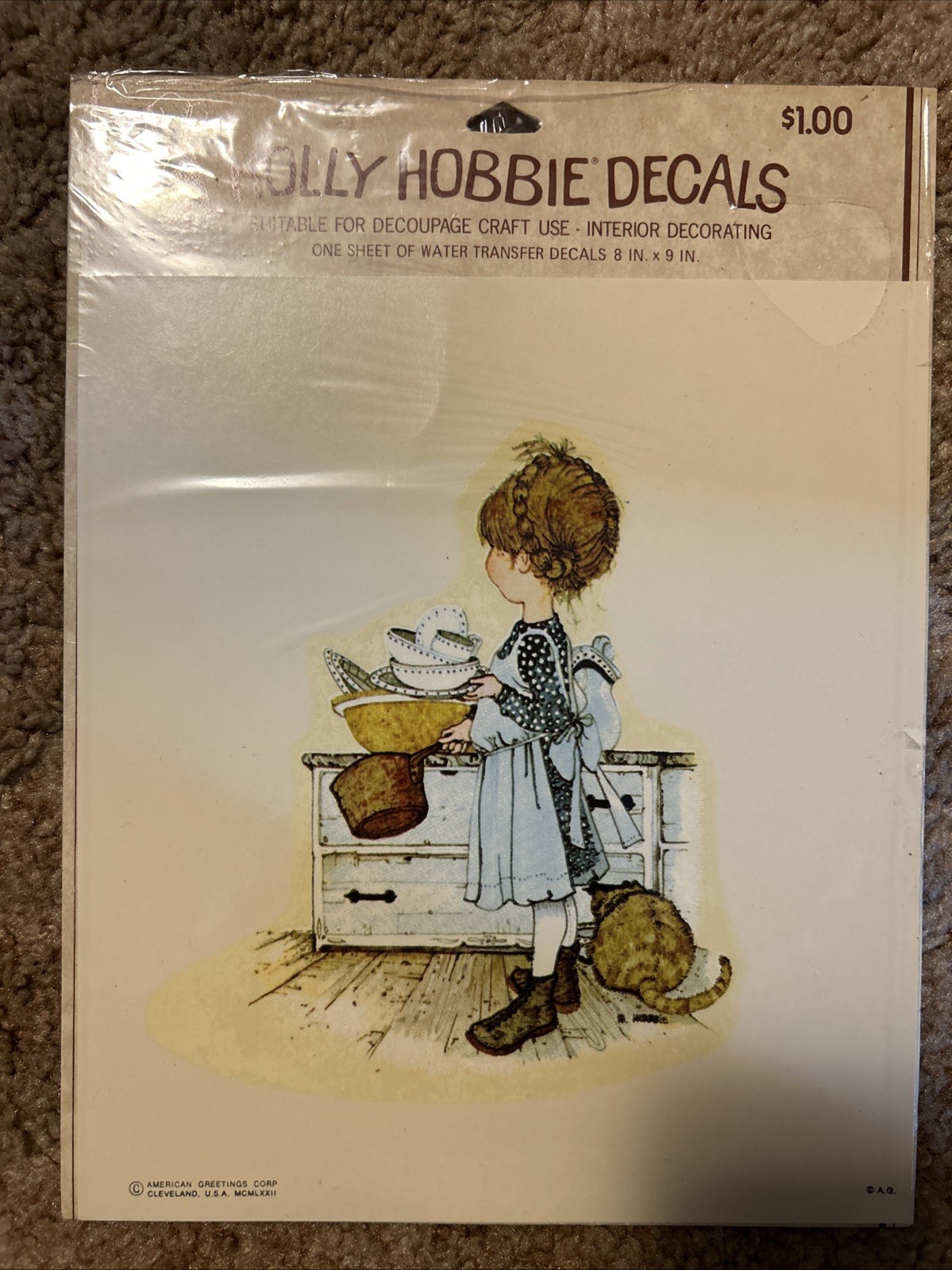 Vtg Holly Hobbie “ Kitchen Clean Up” Water Transfer Decal NOS 1972 NIP 8”X 9 “