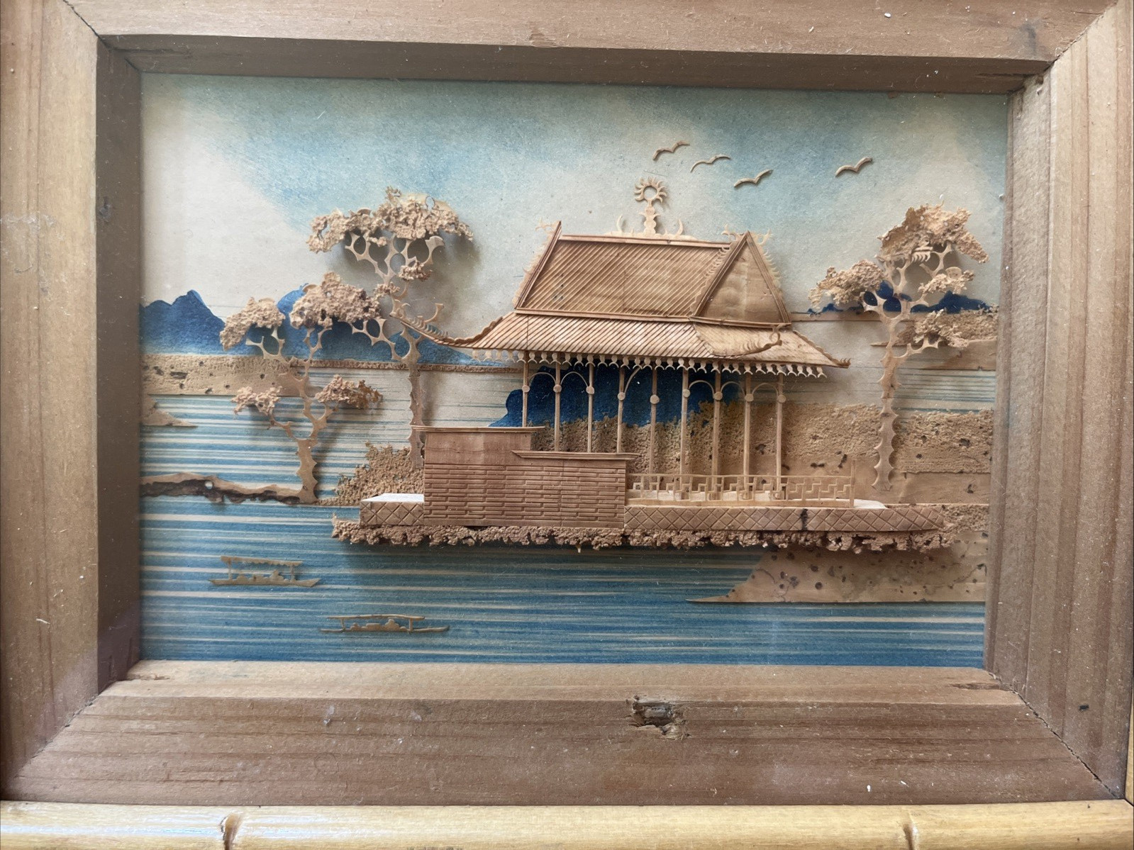 Vintage Oriental Chinese Cork Carving Diorama Framed Art 8.5″x6.5″x1″ Asian
