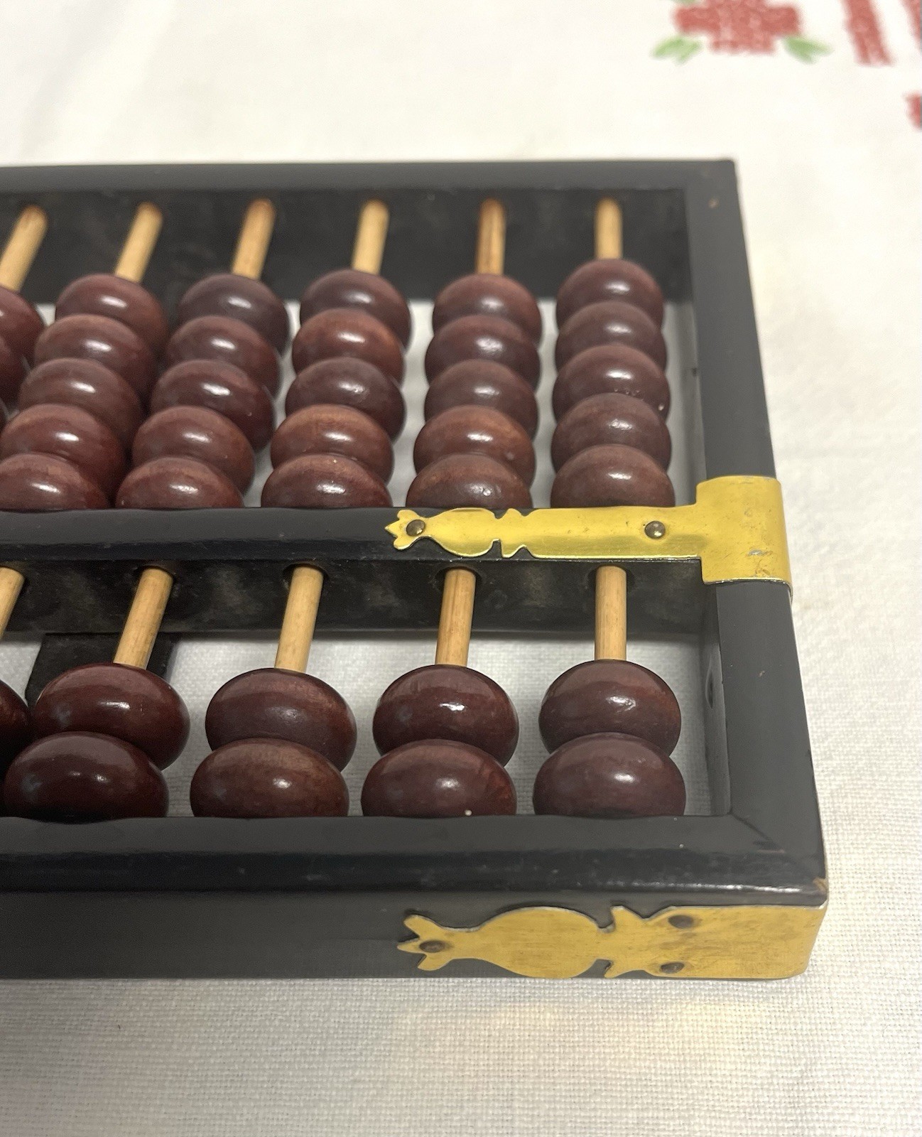 Vintage Chinese abacus black wooden frame brown beads brass reinforcements