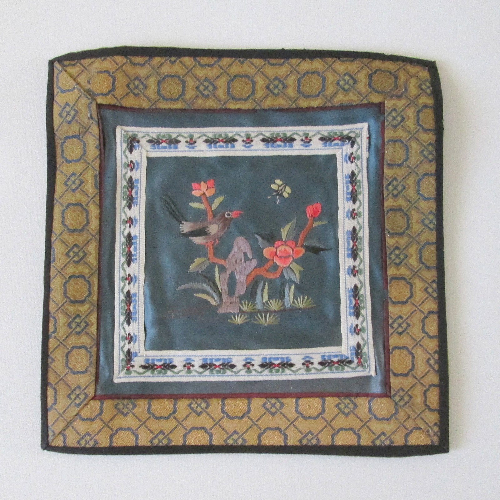 Vintage Chinese Silk Embroidered Square Textile Panel Bird On Branches 7 Inches
