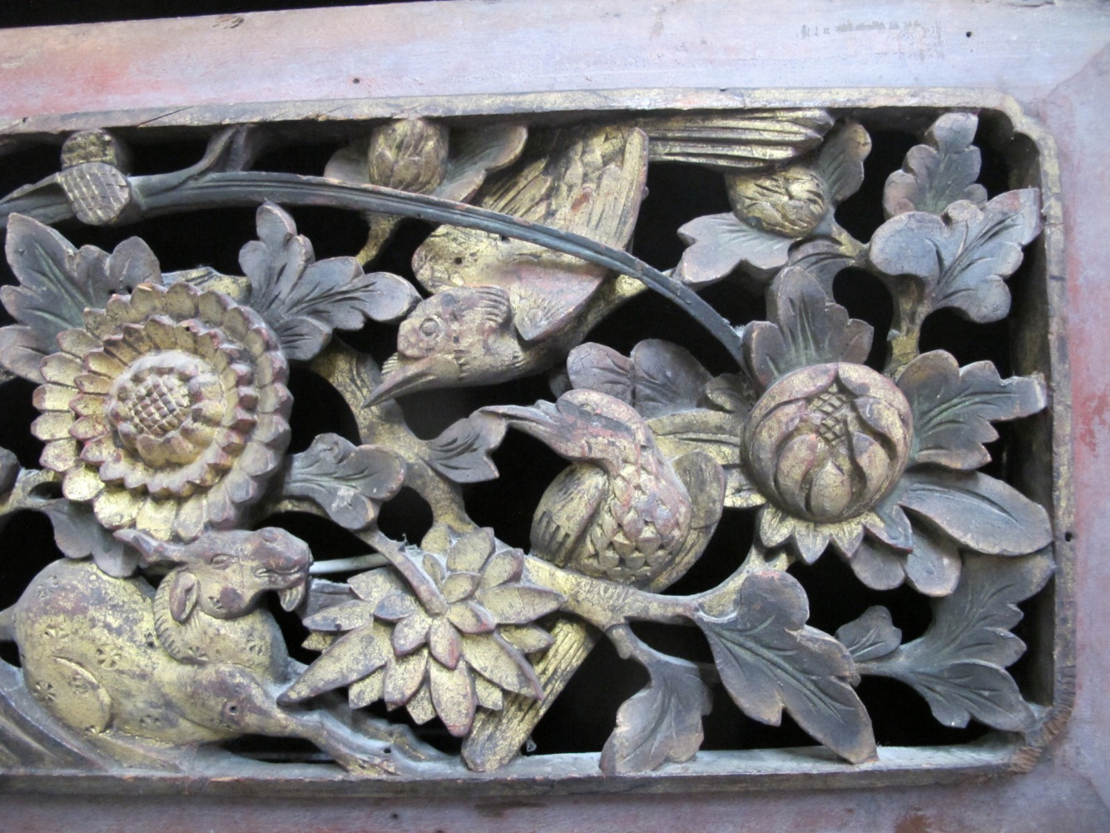 CHINESE Carved Pierced Gilt Wood GOAT Animal Flower & BIRD Art Wall Panel