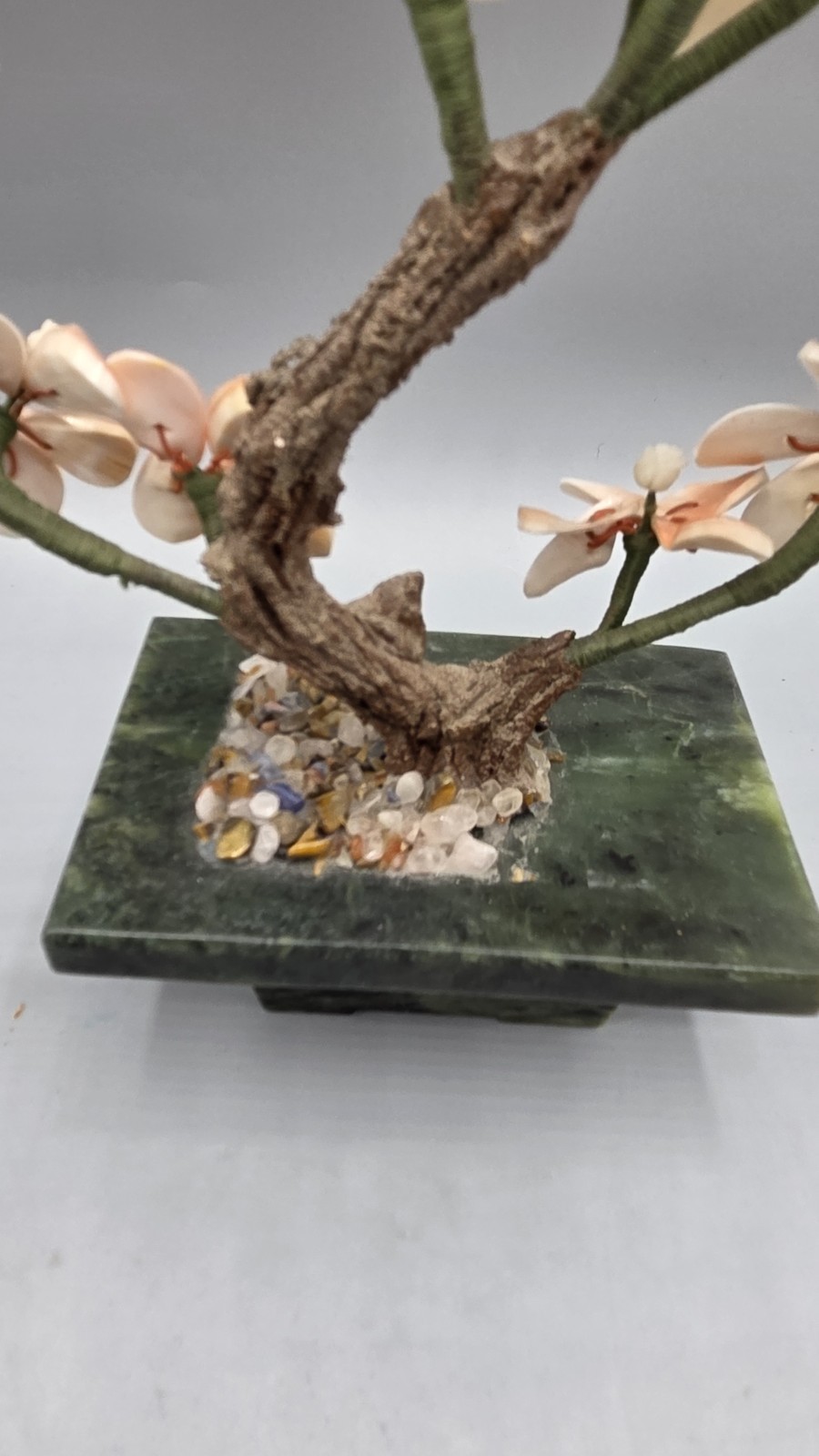 Small Bonsai Tree with Carnelian and Mother of Pearl Flowers, Jade? Base 8.5″ H
