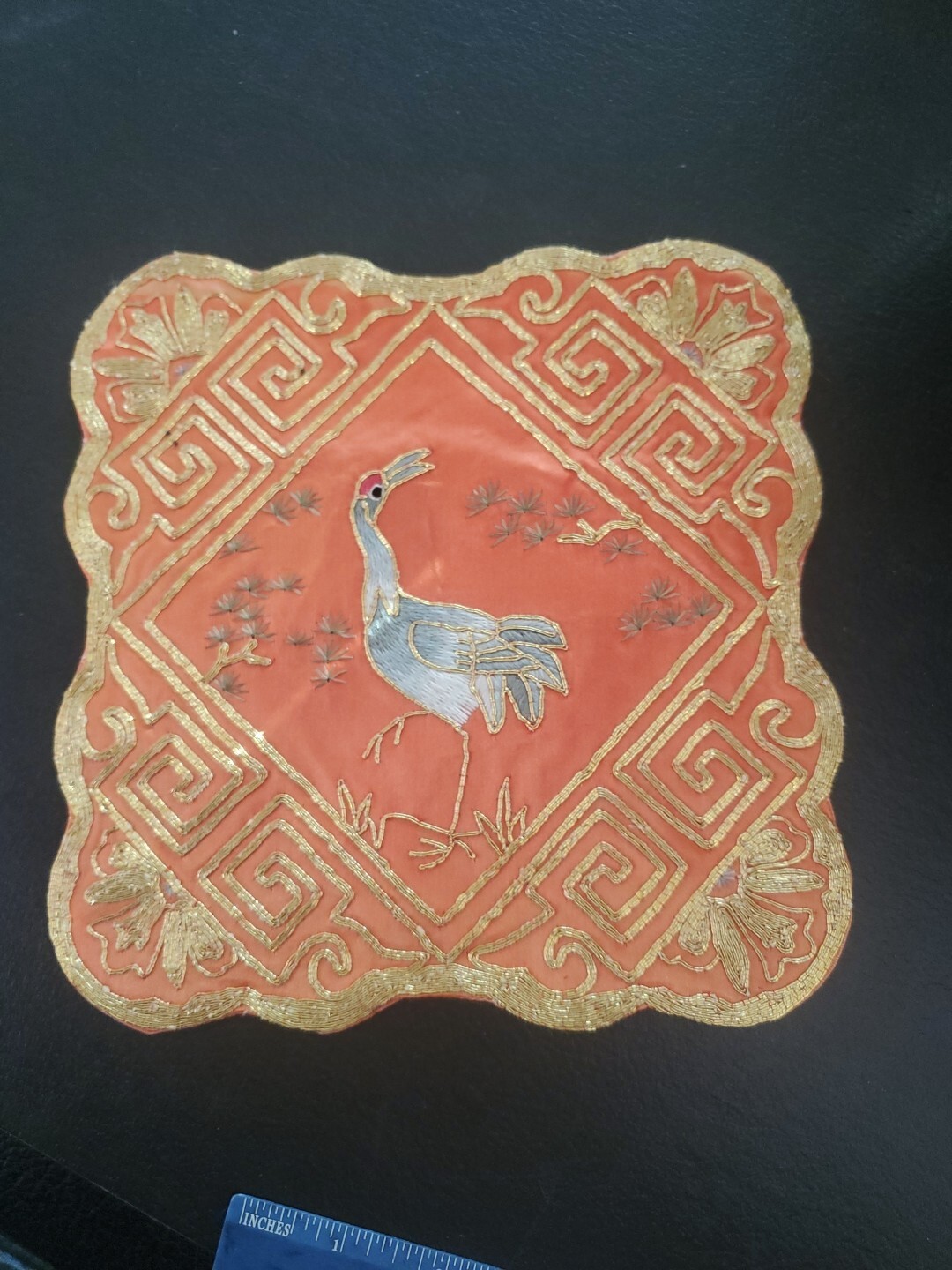 Vtg Chinese Hand Embroidered Silk Mat Orange Gold Crane Bird DY668