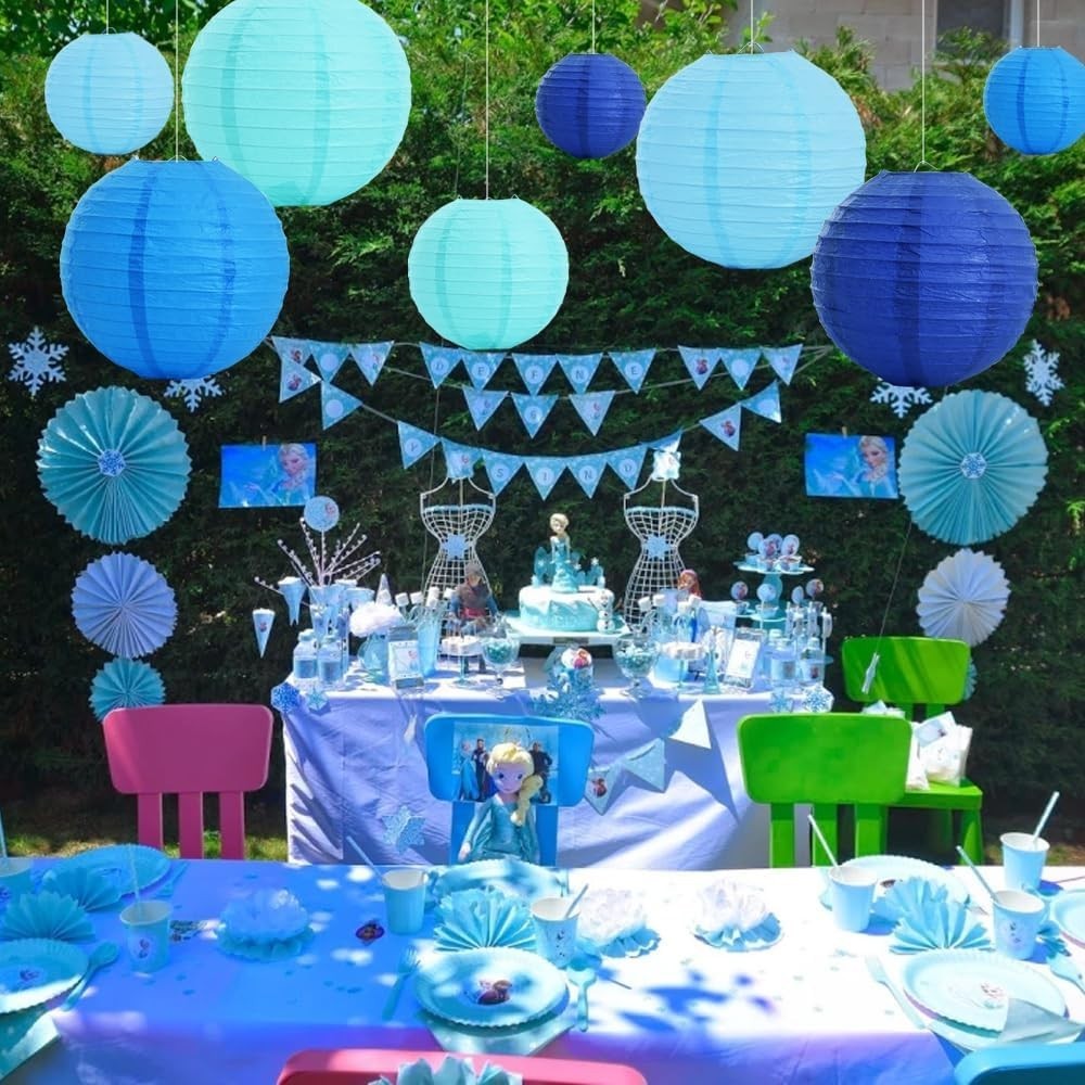 16 Pcs Blue White Round Paper Lanterns Decorative Hanging Asia Chinese Japane…