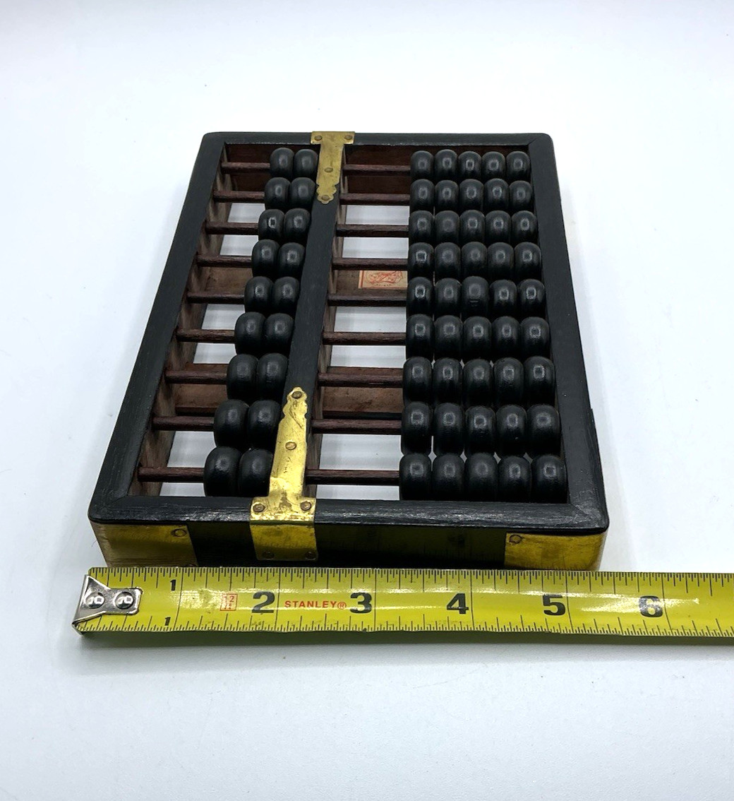 Vintage Wood Wang Hing Abacus Black w/ Brass Accents Hong Kong 9 Rods 63 Beads