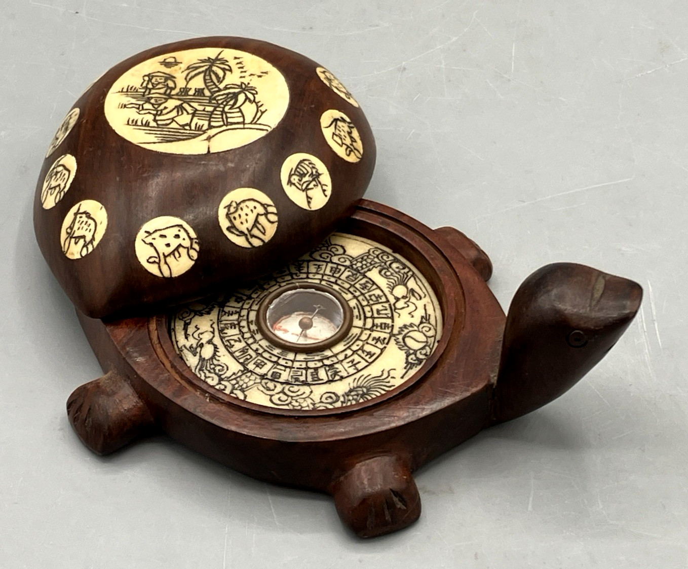 Vintage Chinese Carved Wooden Turtle Compass Case Zodiac Signs Inlay