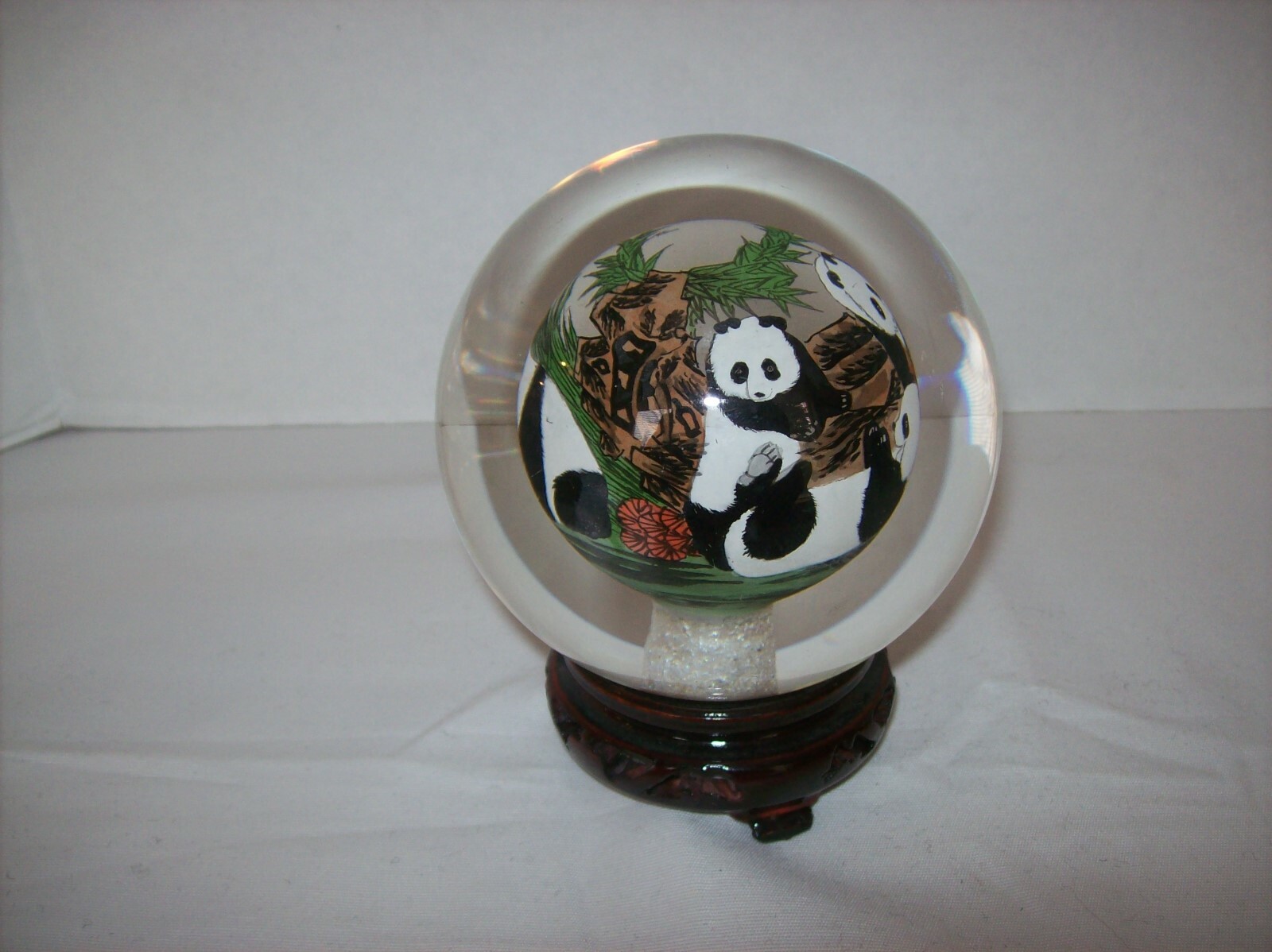 Asian Panda Bears Reverse Hand Painted Solid Glass Ball-Orb-Sphere-Globe w/Stand