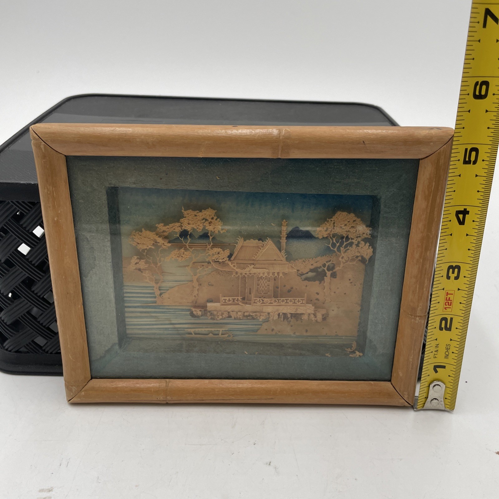 Vintage Chinese Cork Carving Landscape Diorama Shadow Box Bamboo Frame AS IS