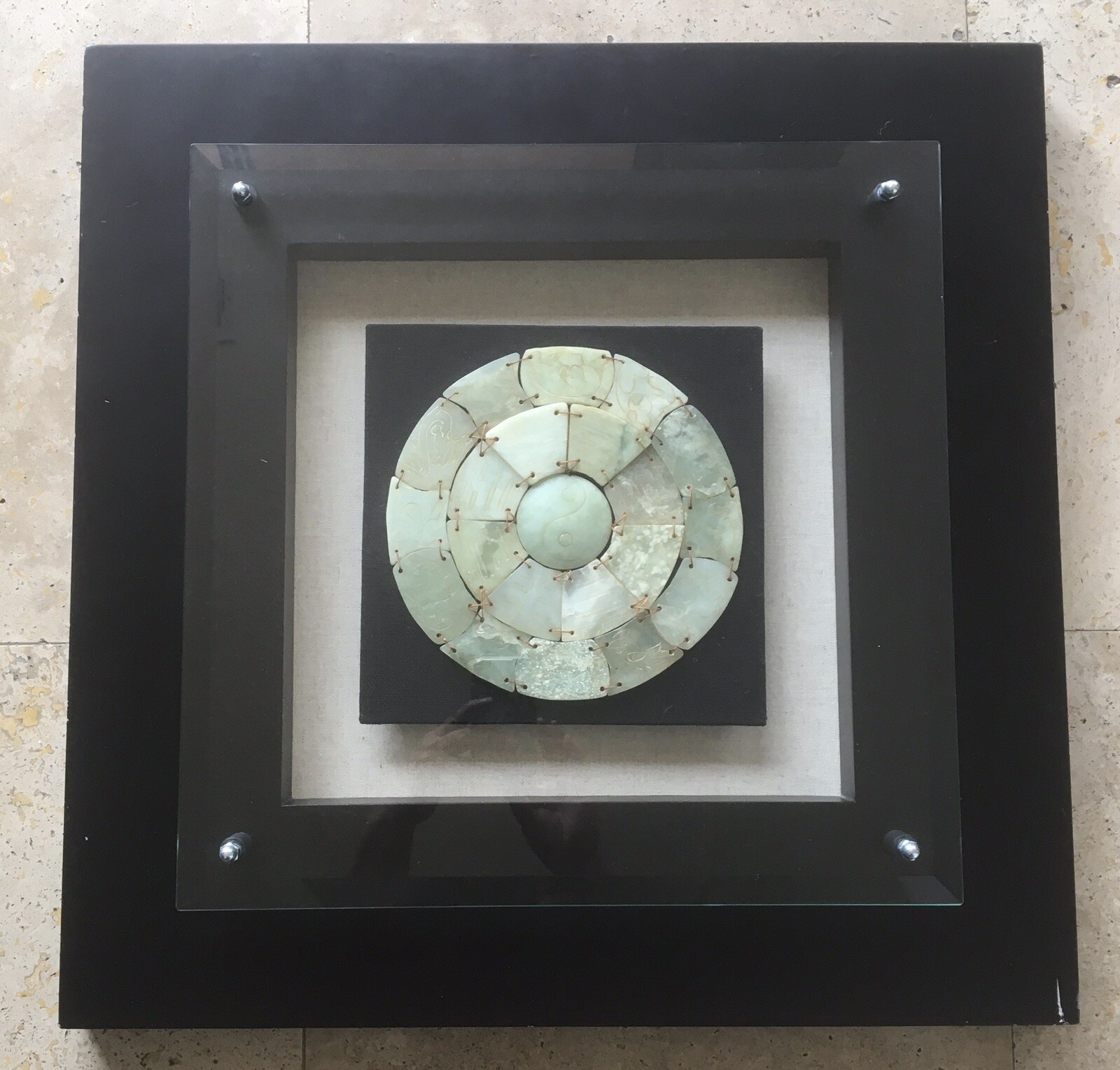 Jade Carved Chinese Zodiac Signs Yin & Yang Center in Heavy Shadow Box Frame