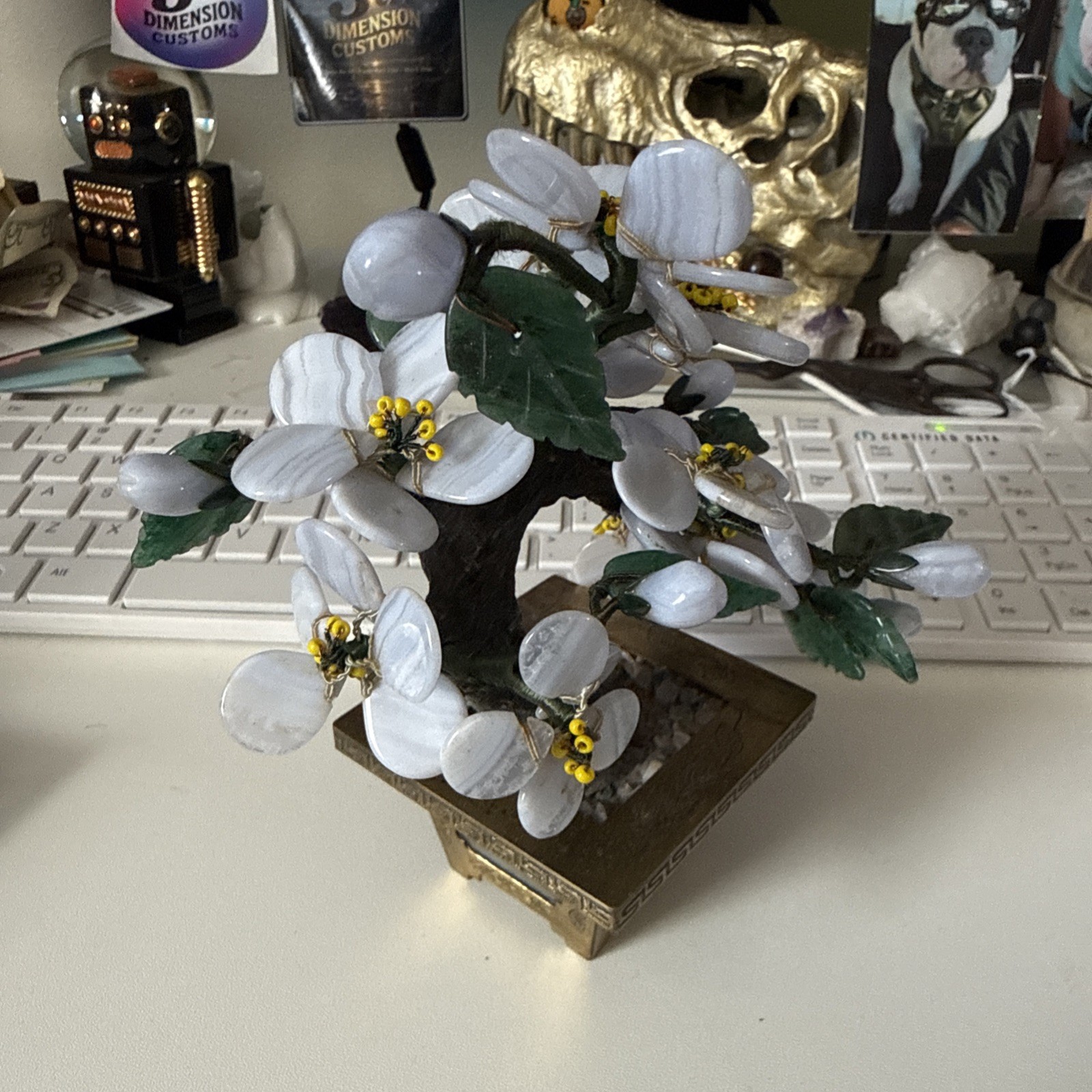 Blue Lace Agate 1950’s Vintage Stone Flower Tree With Brass Pot