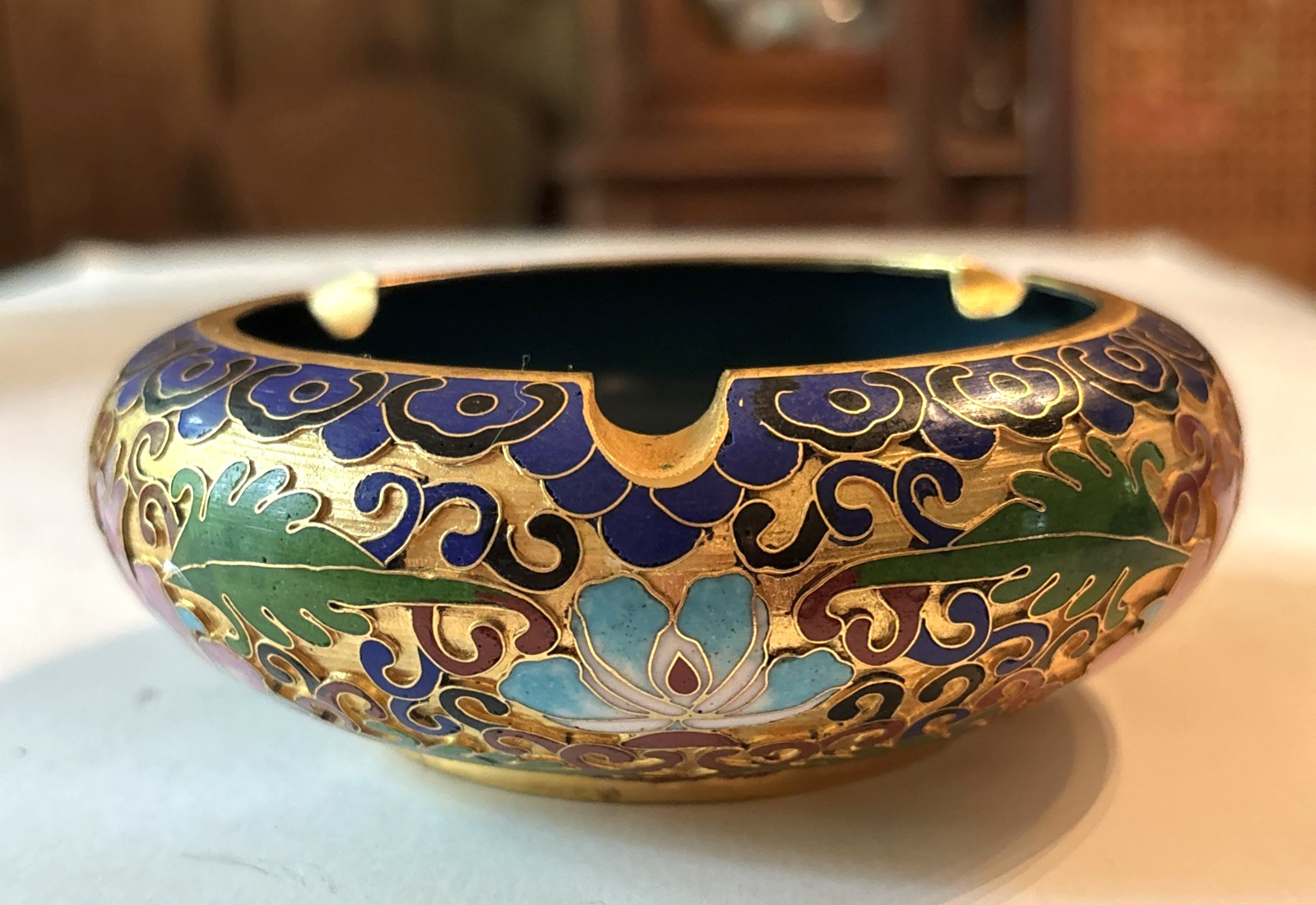 Vintage Chinese Cloisonne Enamel Ashtray Lotus Flowers Teal Gold MCM 4.5” Ornate