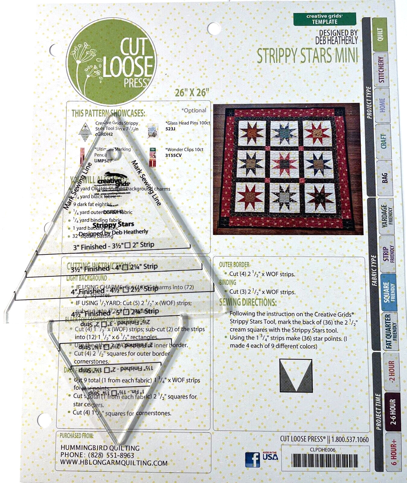Creative Grids Strippy Stars Tool Quilt Ruler Quilting Temple CGRDH2 + Pattern