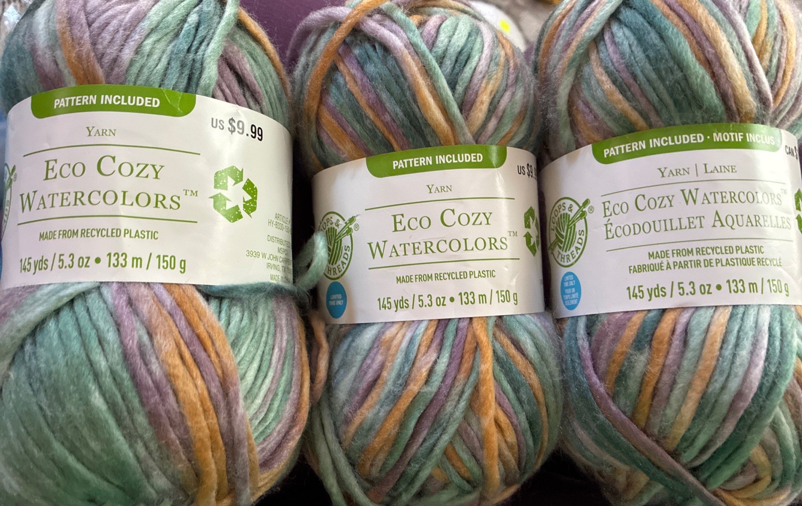 Lot Of 3 – Loops & Threads Yarn Eco Cozy Watercolors “Mountain View”
