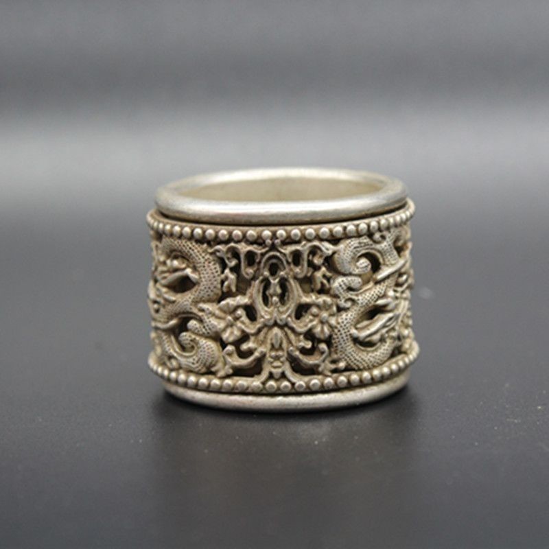 Vintage Rotating Dragon Thumb Ring, Antique Silver-Plated Alloy