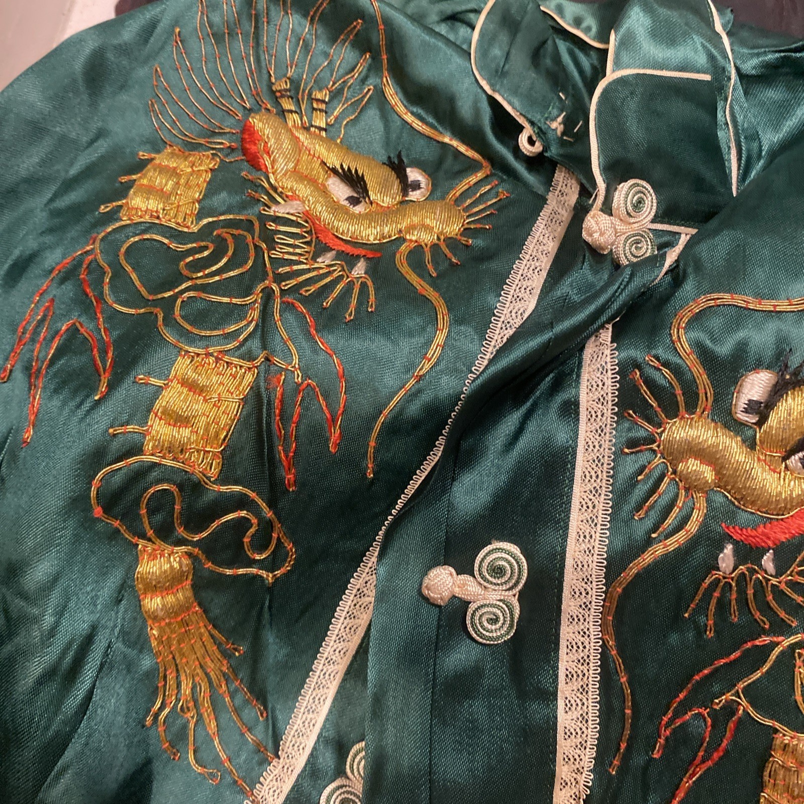 Vintage 1950s Chinese Dragon Embroidered Handmade Satin Women Bedtime Box Set