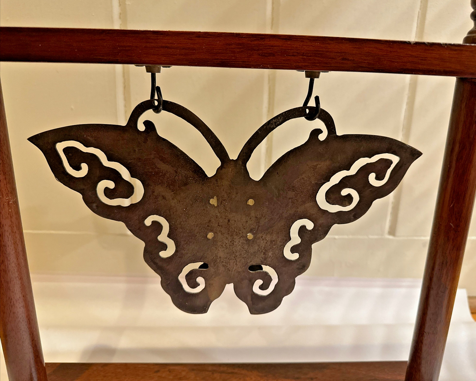 Vintage 2002 Bombay Company Wood & Brass Butterfly Gong Asian Decor -heavy