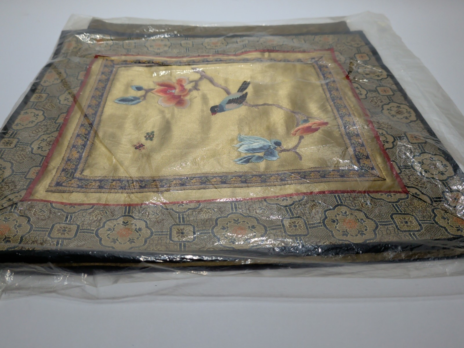 ✨VINTAGE✨ Set Of 2 CHINA SILK EMBROIDERED PANELS BIRD BUTTERFLY & Flower SQUARE