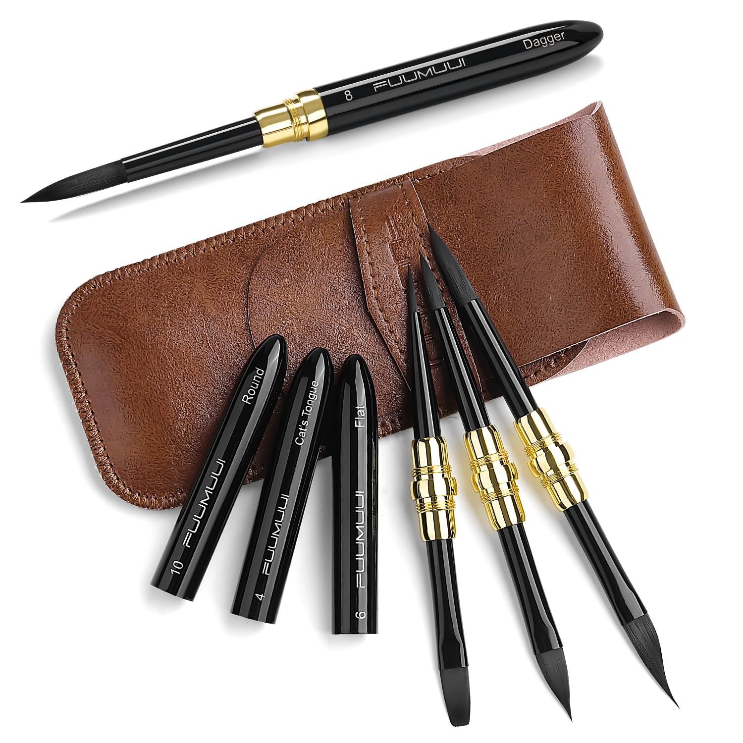 4 PCS Sable Travel Watercolor Brushes Leather Pouch Fine Point Rounds Dagger