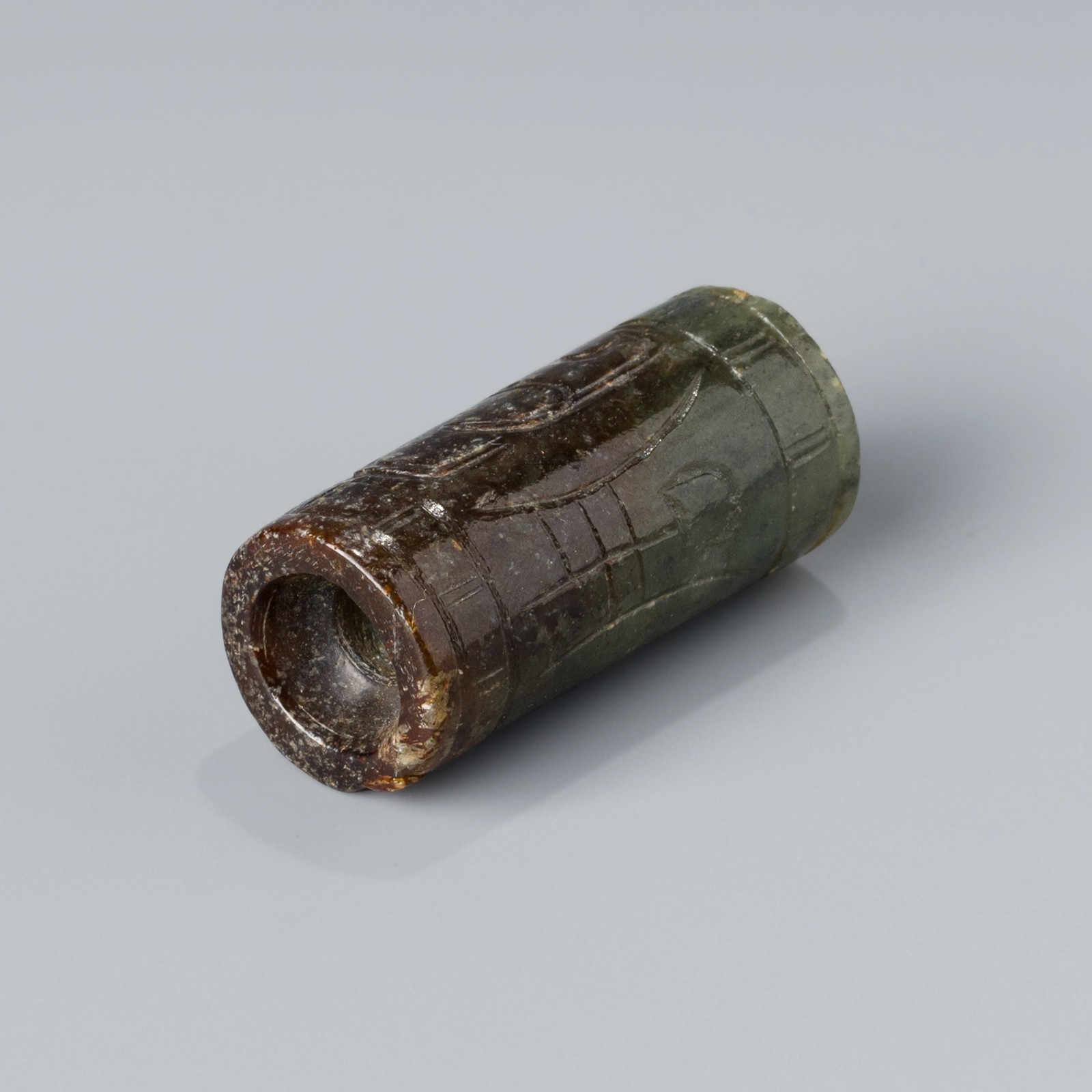 Han Dynasty Chinese Archaic Carved Jade Cylinder Bead with Geometric Motifs