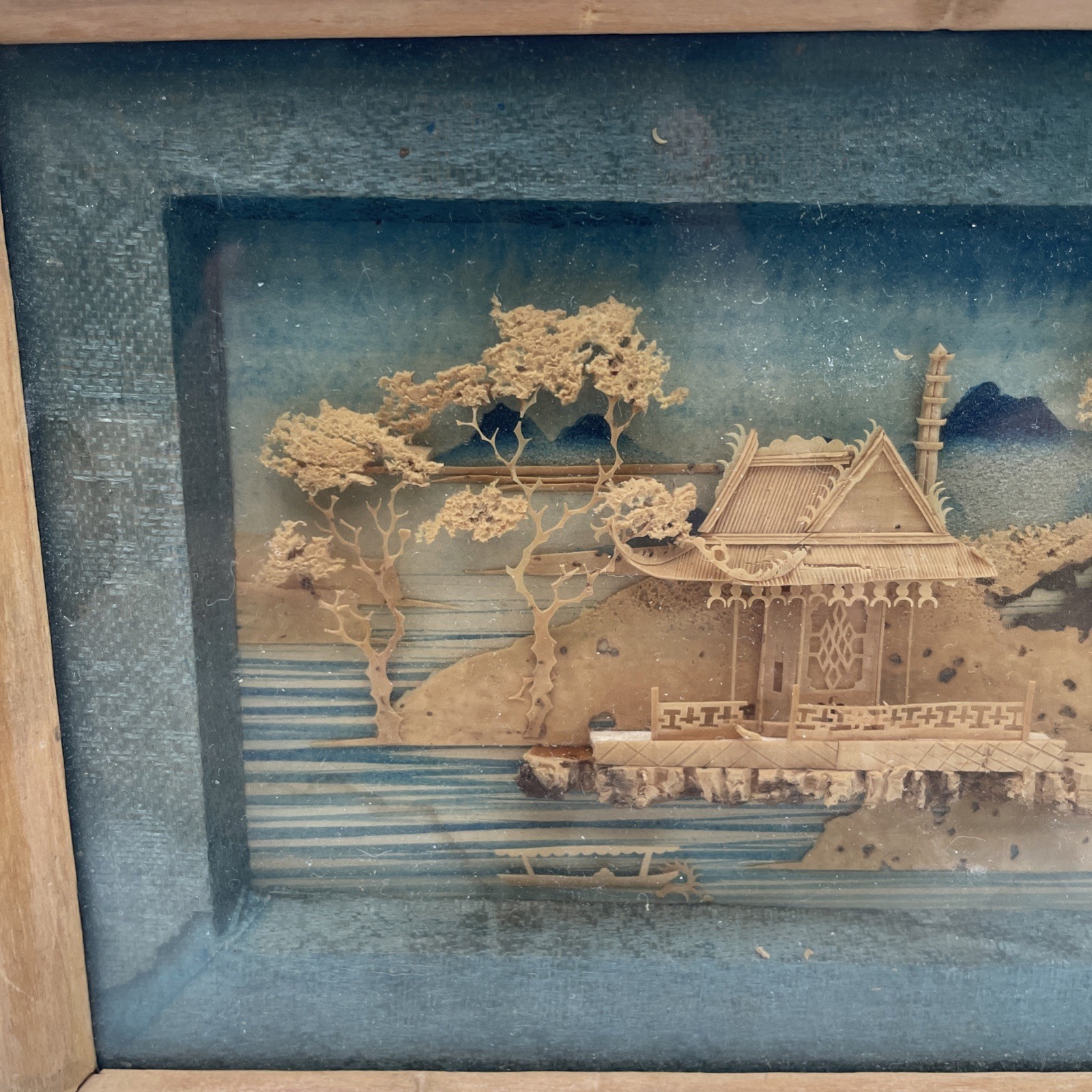 Vintage Chinese Cork Carving Landscape Diorama Shadow Box Bamboo Frame AS IS