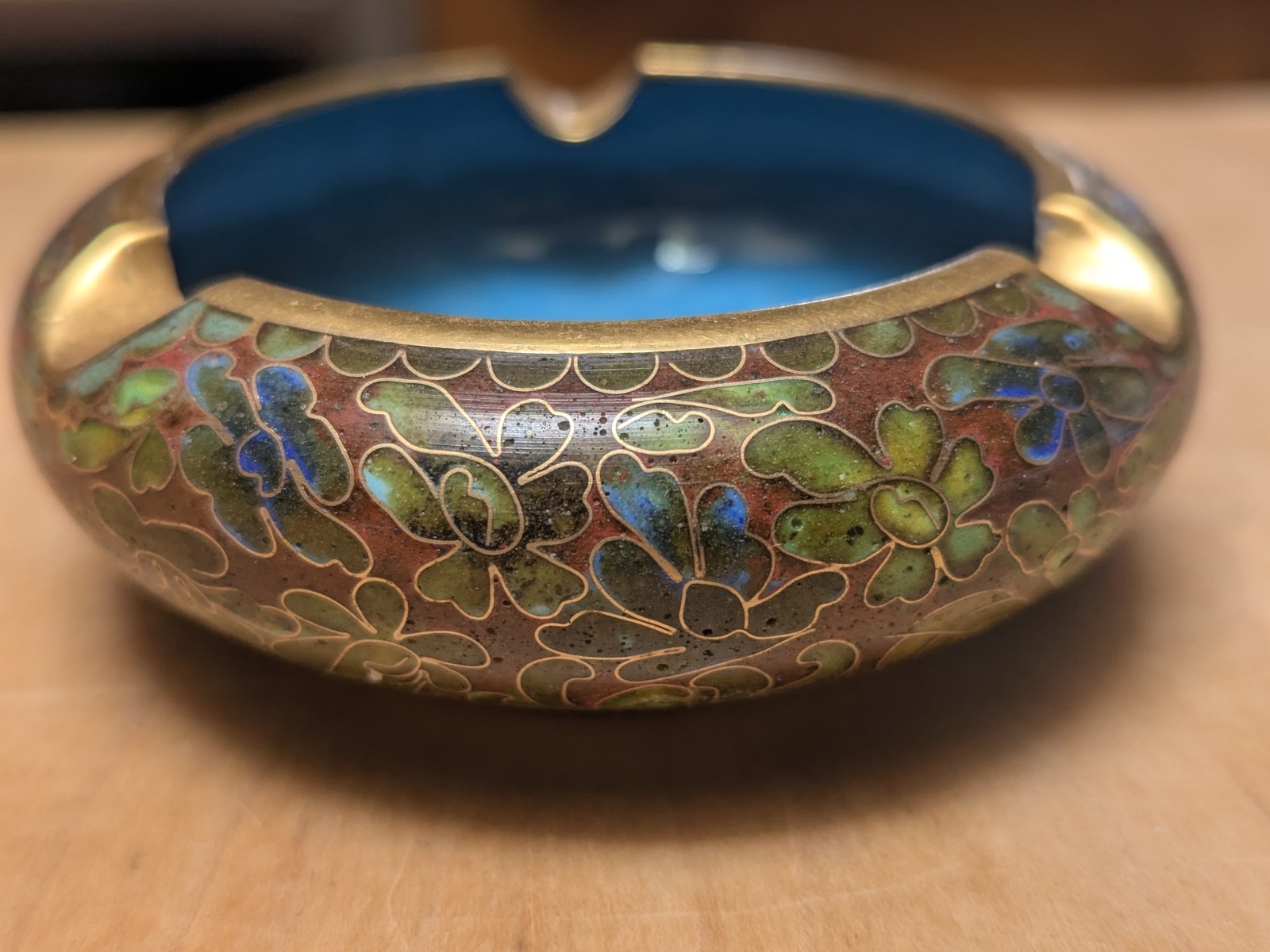 Vintage Chinese Ashtray 5″ Enamel Blue Cloisonné Gold