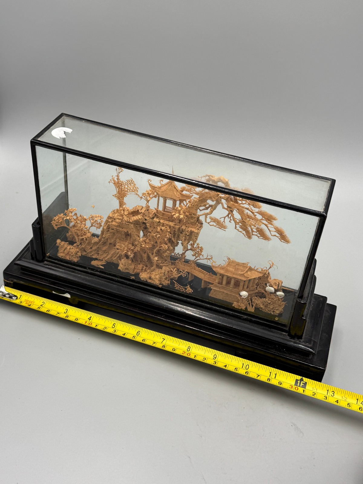 Mid 20th c. Chinese Fujian Cork Carving Landscape Diorama, Glass Display Case