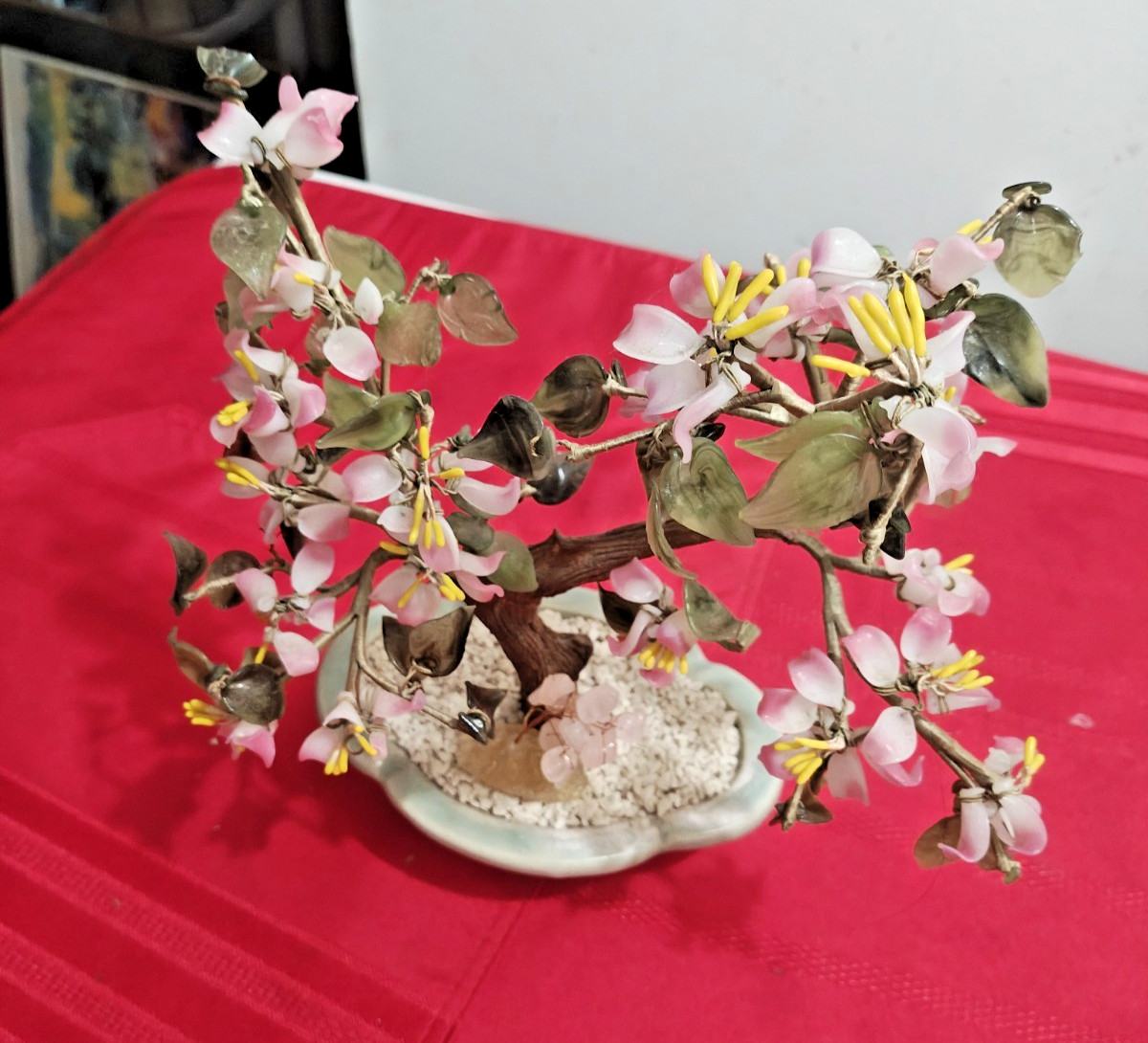 Multicolor Cherry Blossom Chinese Jade And Glass Flowering Bonsai Tree
