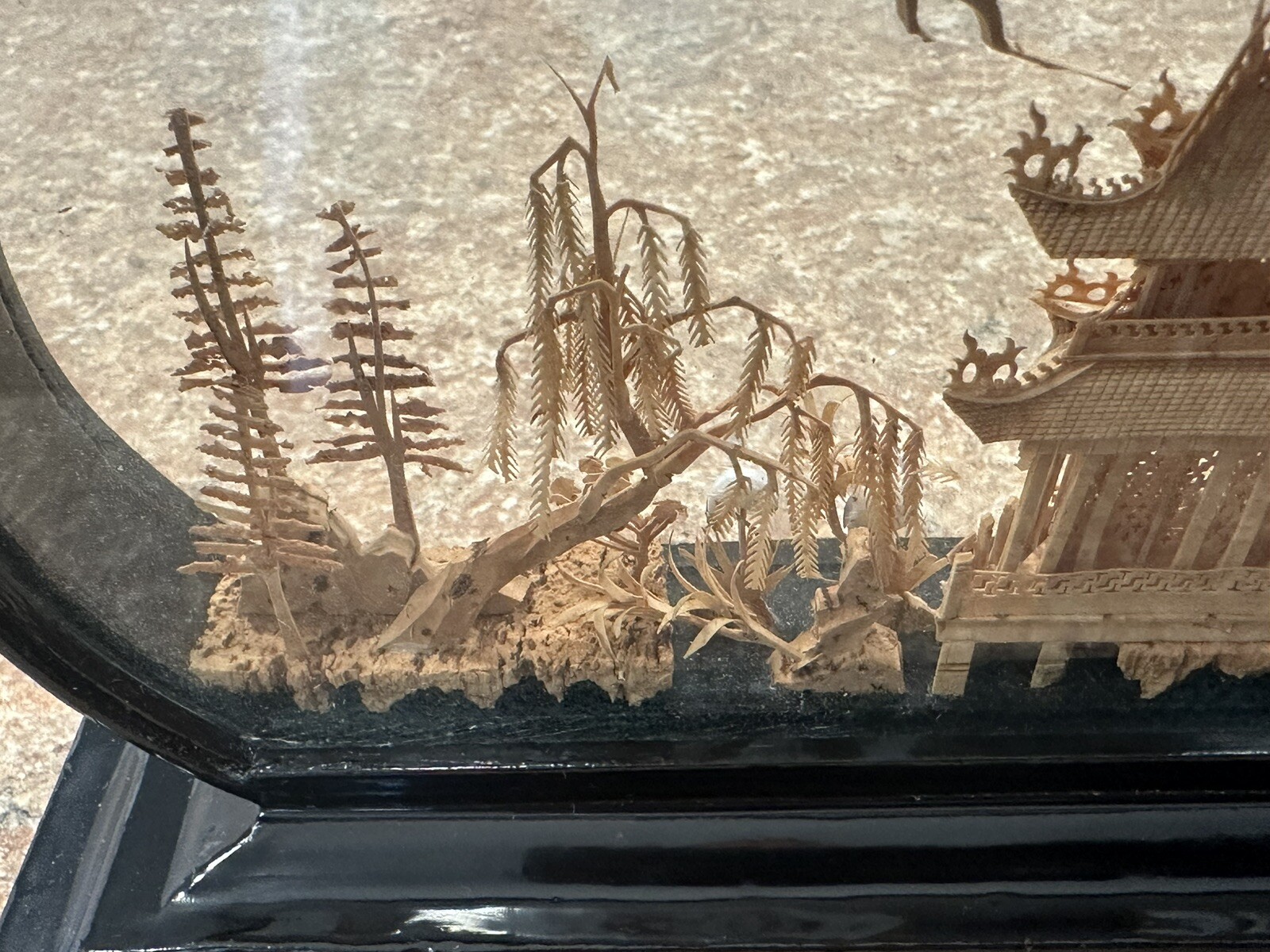 VINTAGE CHINESE DIORAMA CORK CARVING GLASS CASE PAGODA TREES & CRANES