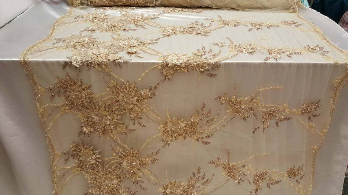 Fabric Sold by Yard Champagne Gold Lace Hand Beaded 3D Floral Flowers On Mesh