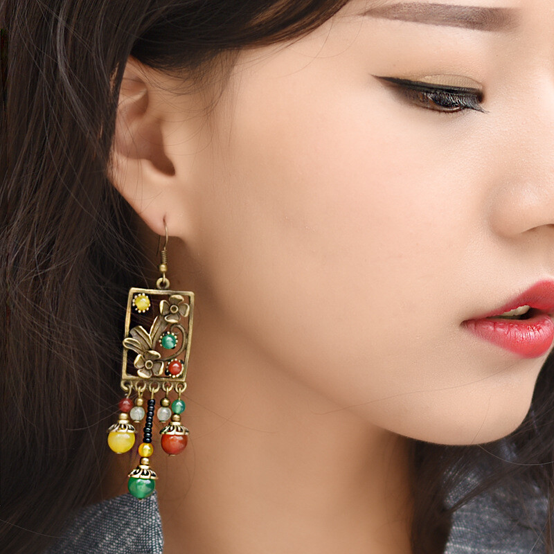China Yellow Green Agate/Alloy Tibetan Style Exquisite Fashion Earbob Earrings