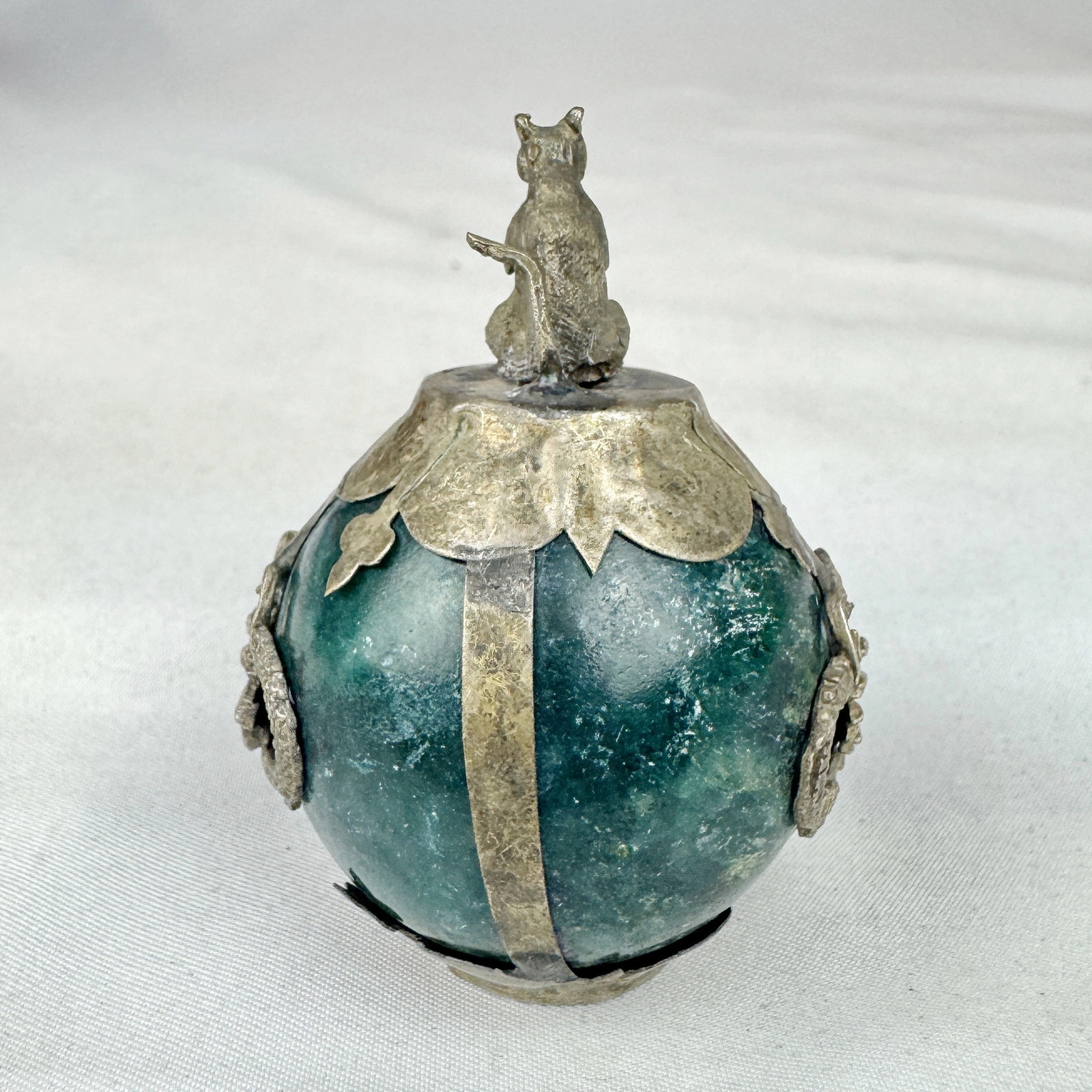 Vintage Chinese Zodiac RAT Green Marble Orb, Pewter/Tin Finial and Dragon Motif