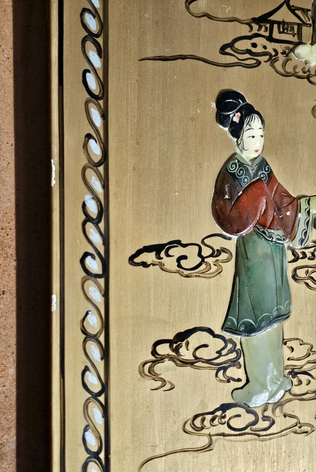 3 Painted Wood ASIAN ART PANELS Inlaid Stone 3D Geisha Figures Chinese VTG Decor