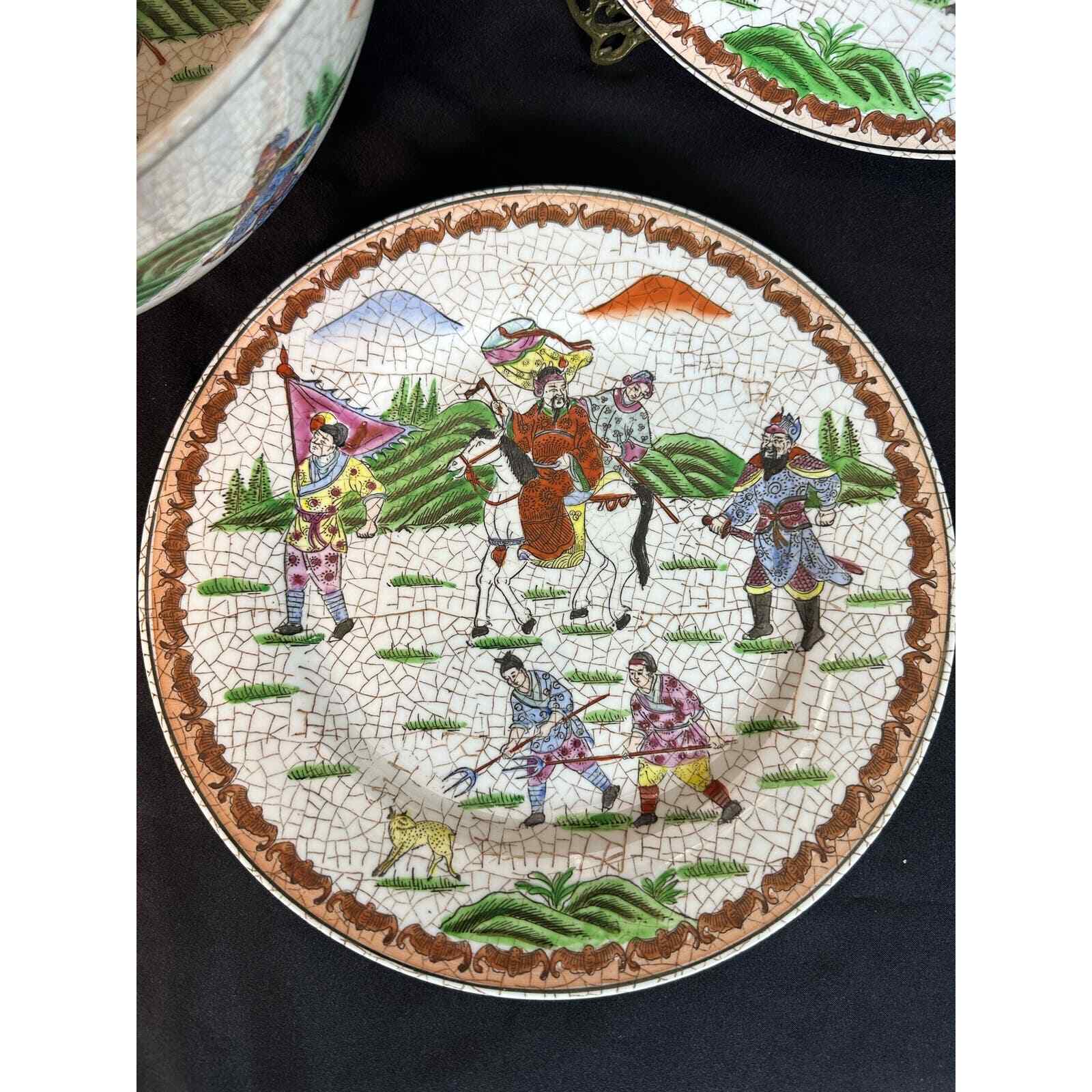 Chinese Porcelain Vintage Large 12.5″ Bowl with Four 10.5″ Matching Plates!