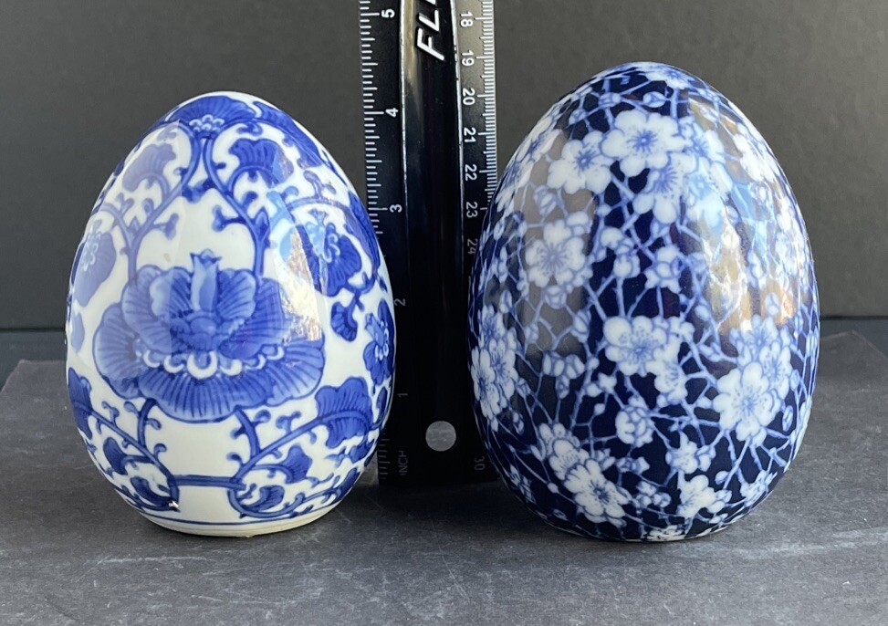 Vintage Asian Blue & White Two Large Eggs 4.25” Collectable Home Decor
