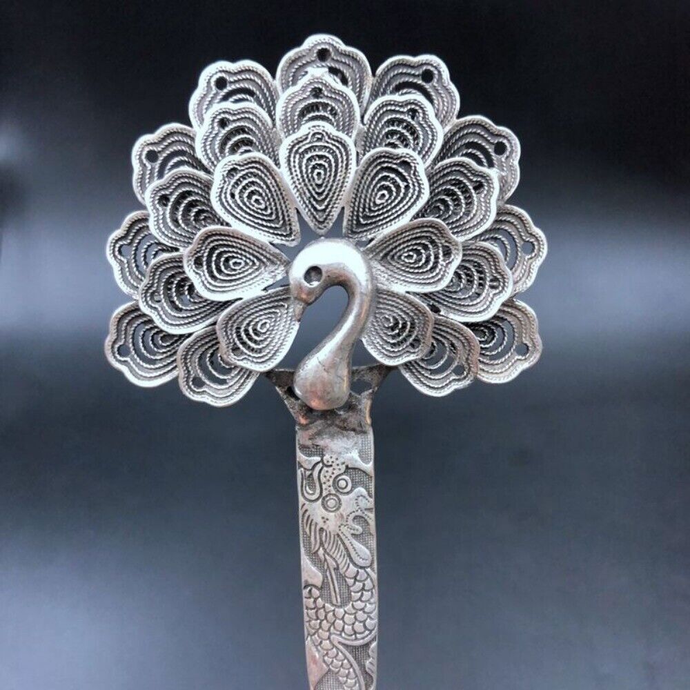 2PCS Antique style Old Chinese handcarved Peacock hair hairpin